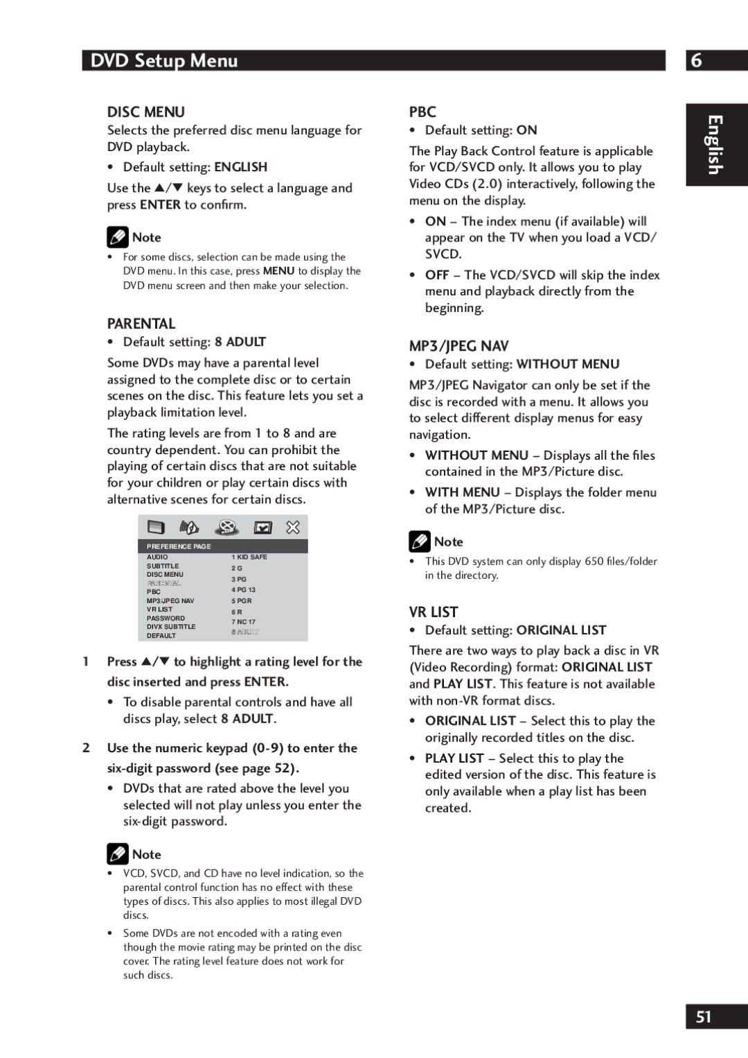 Marantz DV7001 manual Disc Menu, Parental, Pbc, MP3/JPEG NAV, VR List 