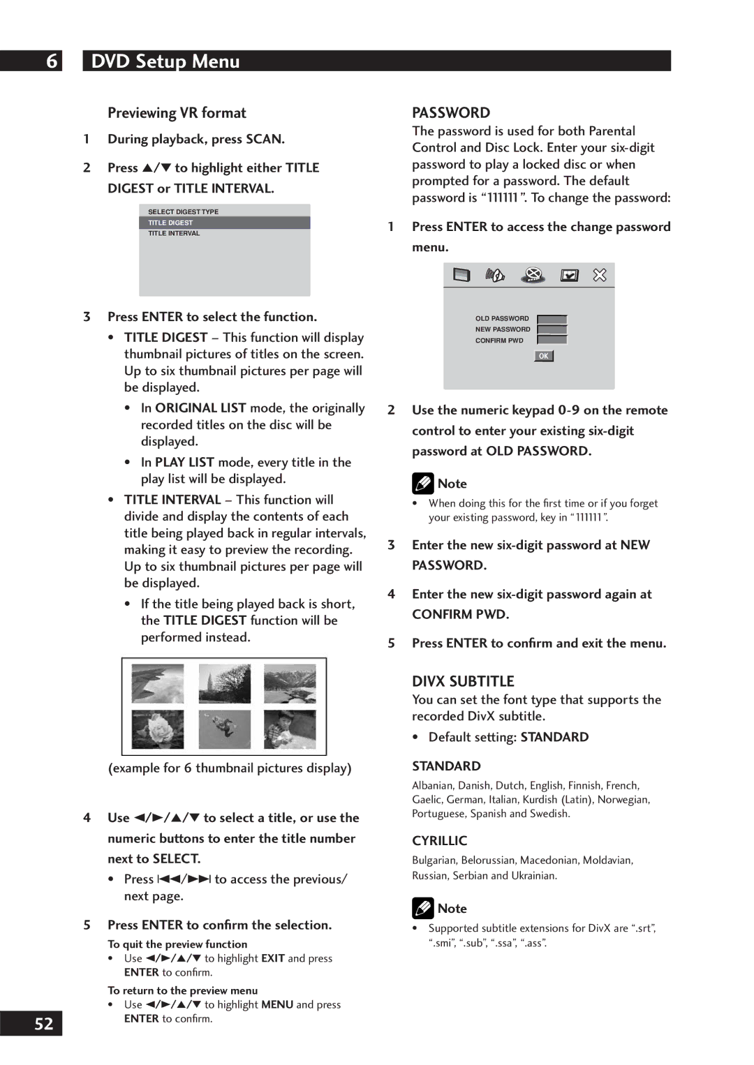 Marantz DV7001 manual Previewing VR format, Password, Divx Subtitle 