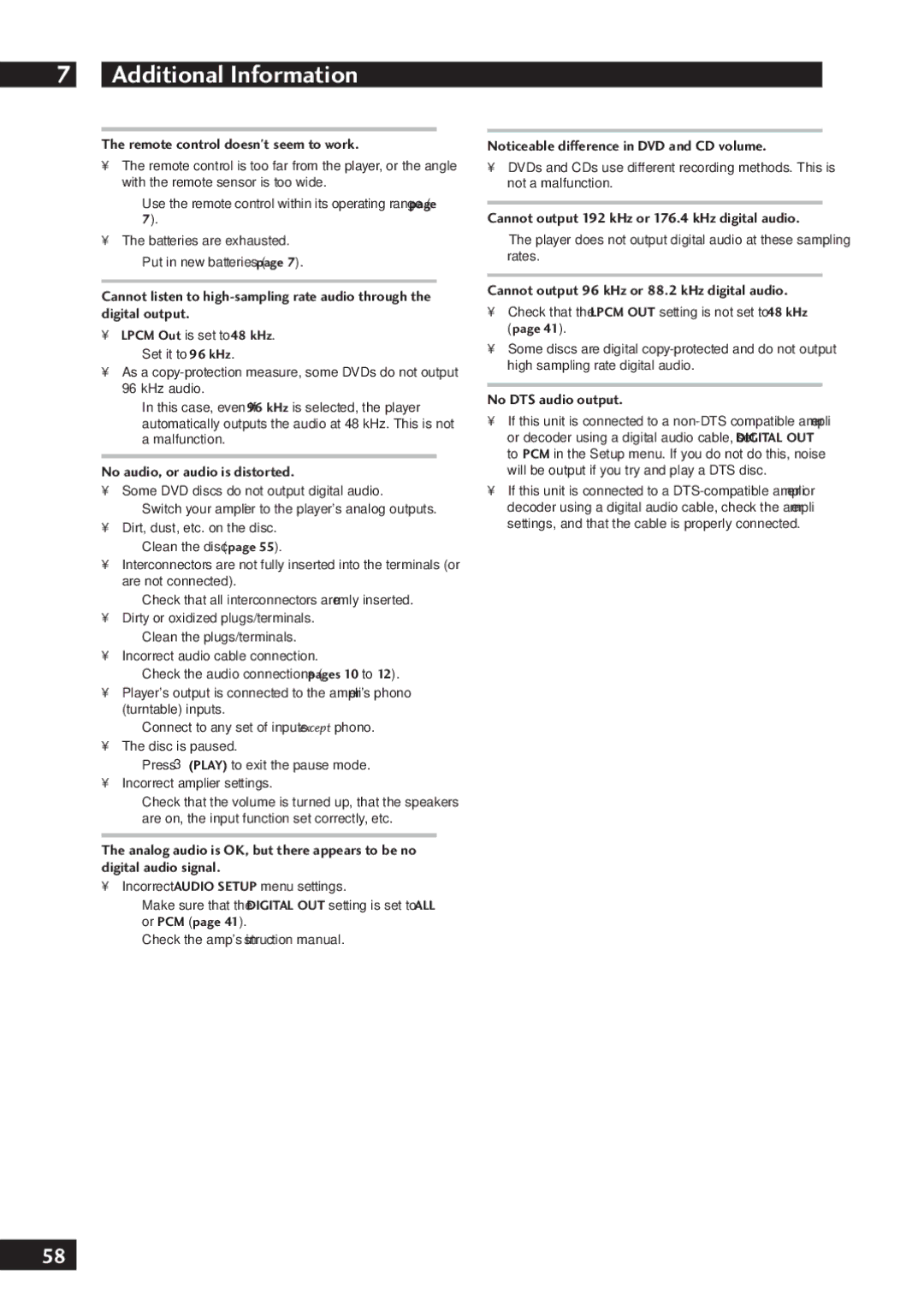 Marantz DV7001 manual Remote control doesnt seem to work, No audio, or audio is distorted, No DTS audio output 