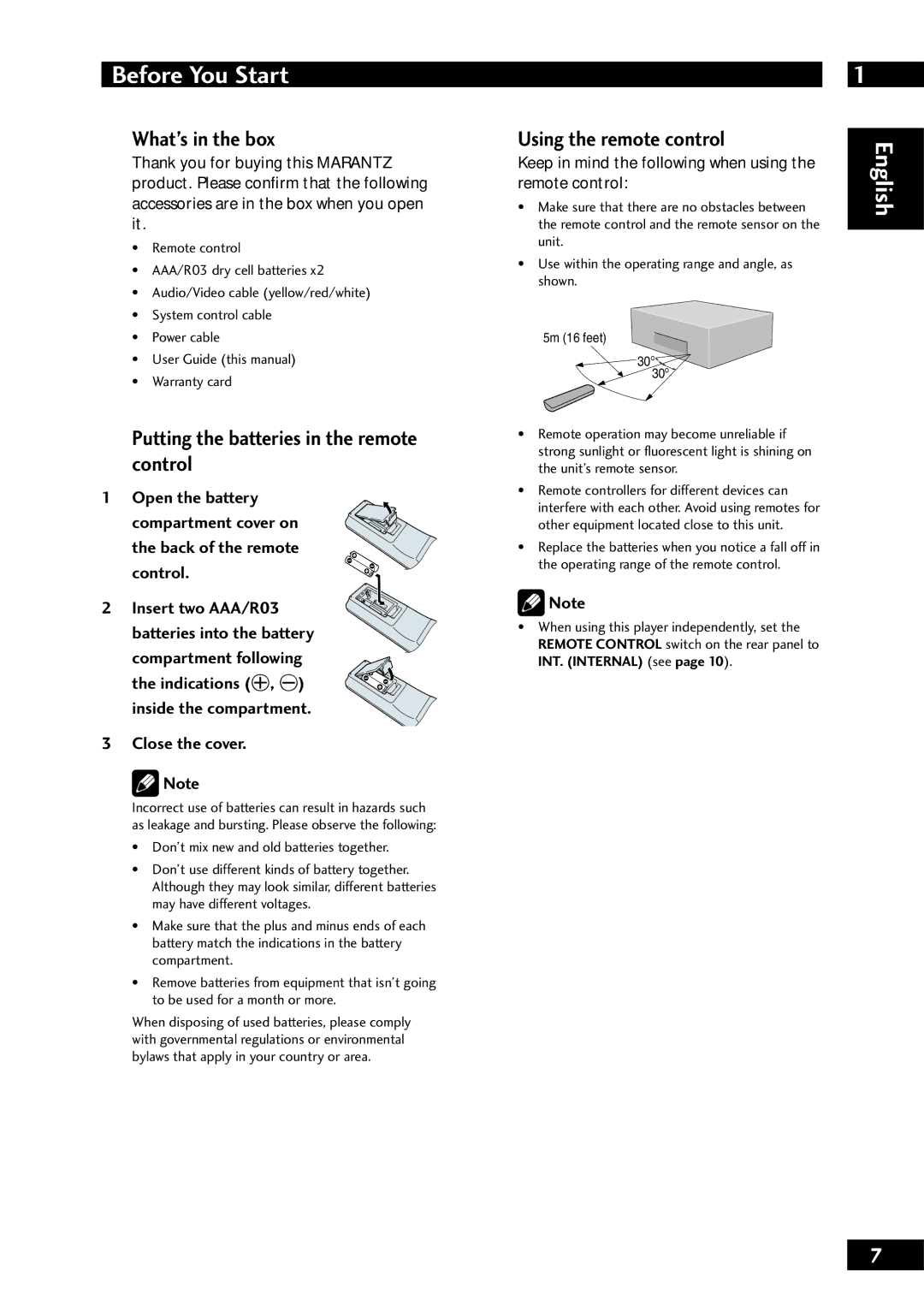 Marantz DV7001 What’s in the box, Putting the batteries in the remote control, Using the remote control, Close the cover 