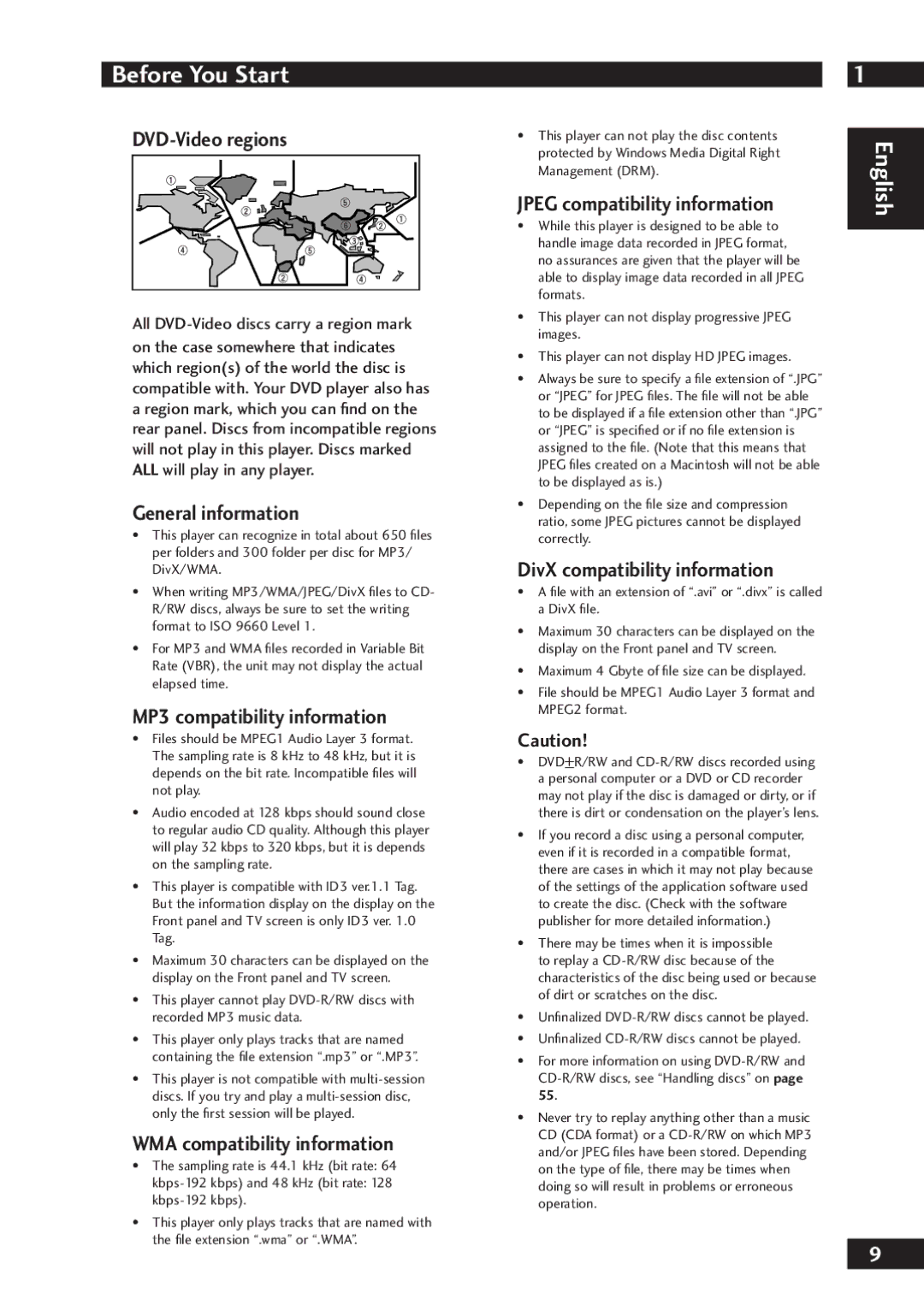 Marantz DV7001 manual DVD-Video regions, General information, MP3 compatibility information, WMA compatibility information 