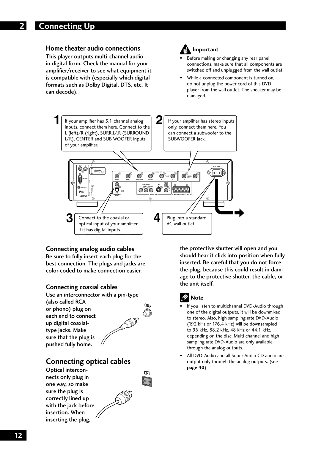 Marantz DV7001 manual Home theater audio connections, Connecting analog audio cables, Connecting coaxial cables 