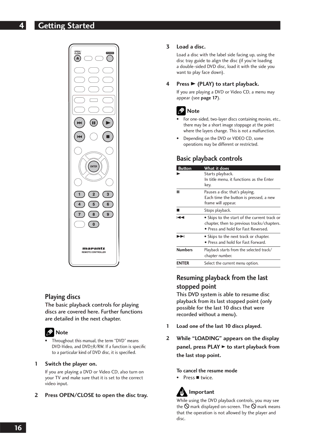 Marantz DV7001 Getting Started, Playing discs, Basic playback controls, Resuming playback from the last stopped point 