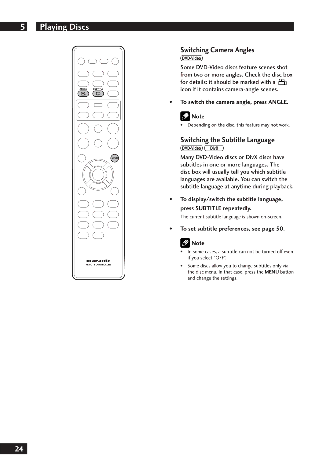 Marantz DV7001 manual Switching Camera Angles, Switching the Subtitle Language, To switch the camera angle, press Angle 