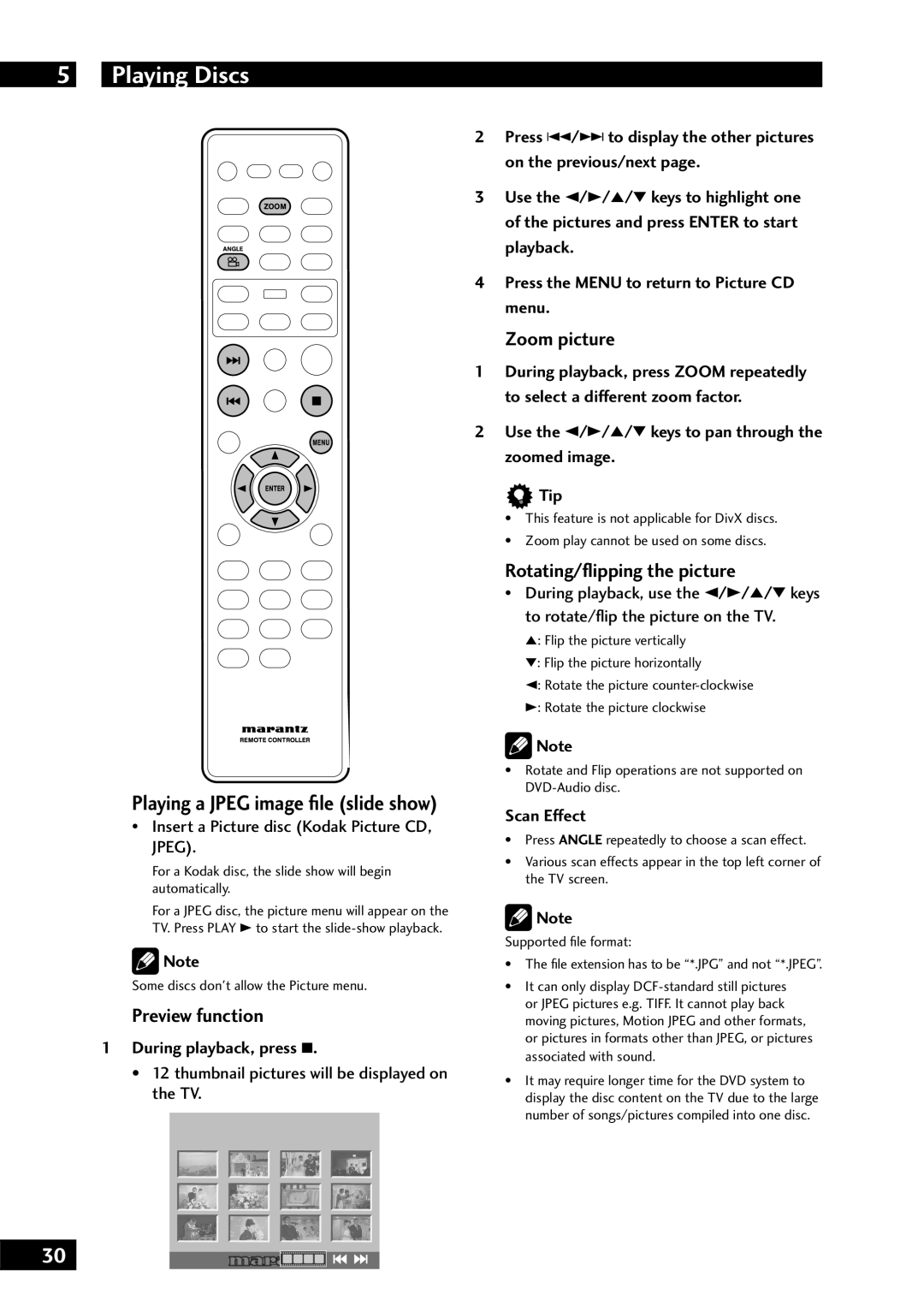 Marantz DV7001 manual Preview function, Zoom picture, Rotating/ﬂipping the picture 