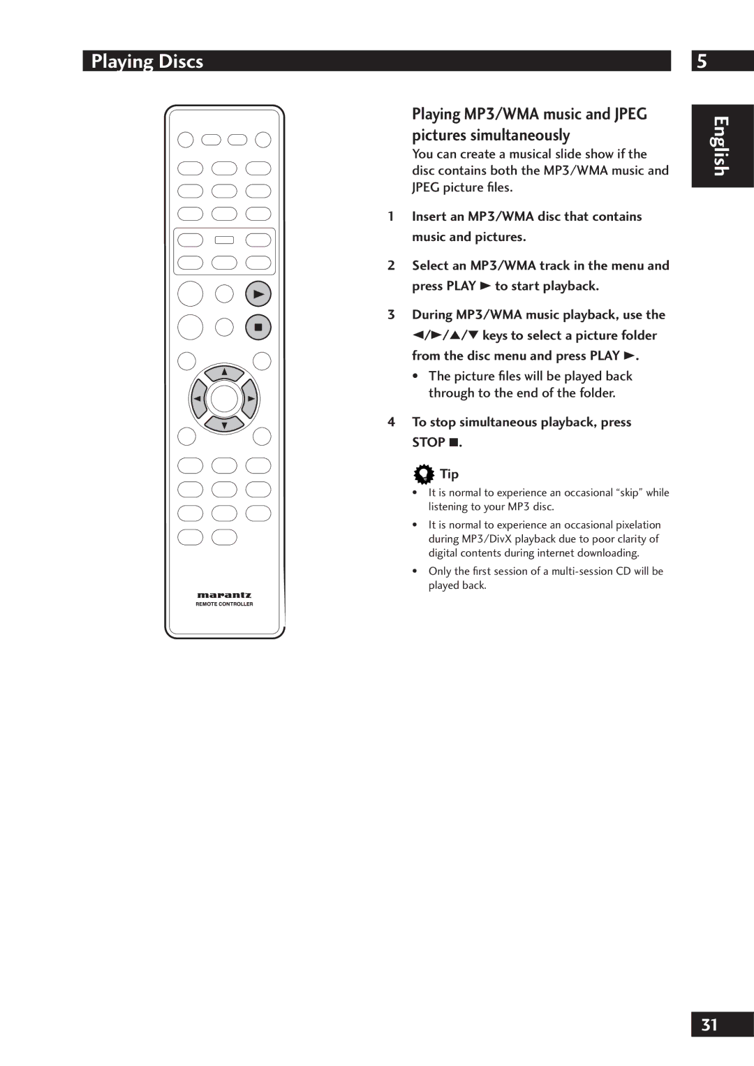 Marantz DV7001 manual Playing MP3/WMA music and Jpeg pictures simultaneously, To stop simultaneous playback, press Stop Tip 