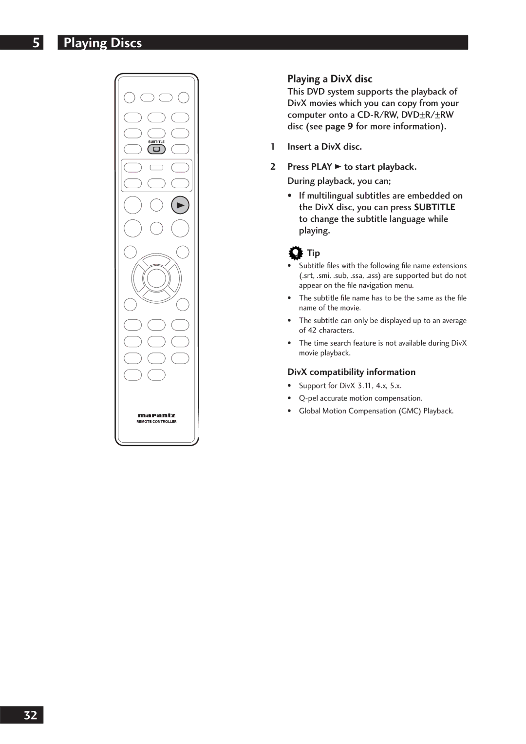 Marantz DV7001 manual Playing a DivX disc, Insert a DivX disc, DivX compatibility information 