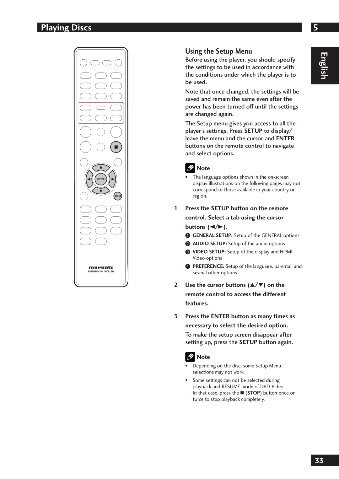 Marantz DV7001 manual Using the Setup Menu 