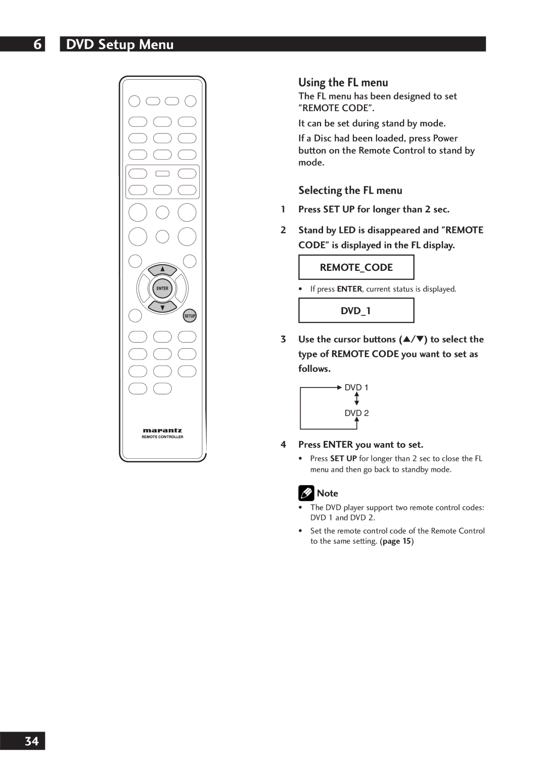 Marantz DV7001 manual DVD Setup Menu, Using the FL menu, Selecting the FL menu, Remotecode, DVD1 