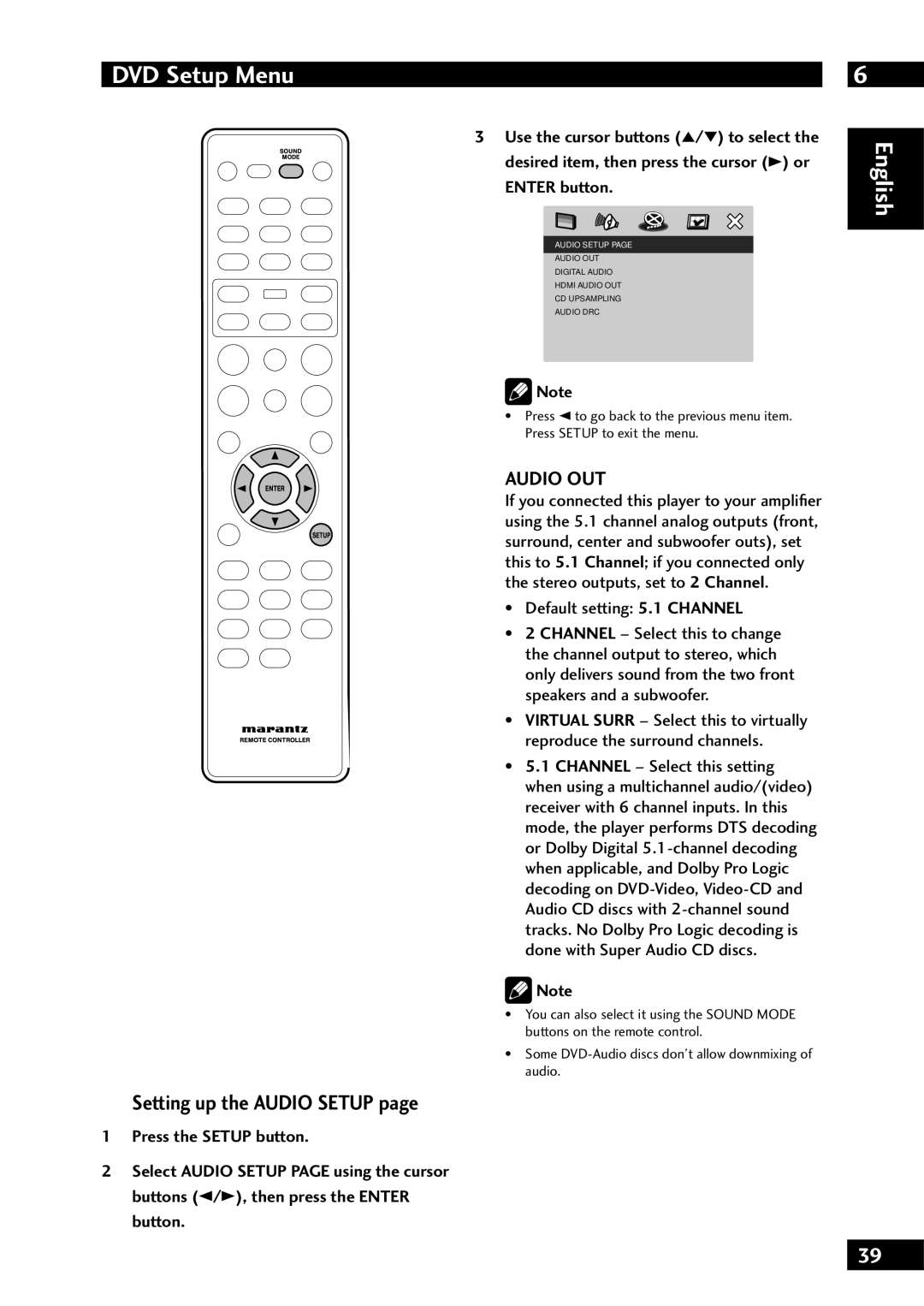 Marantz DV7001 manual Setting up the Audio Setup, Audio OUT, Default setting 5.1 Channel 