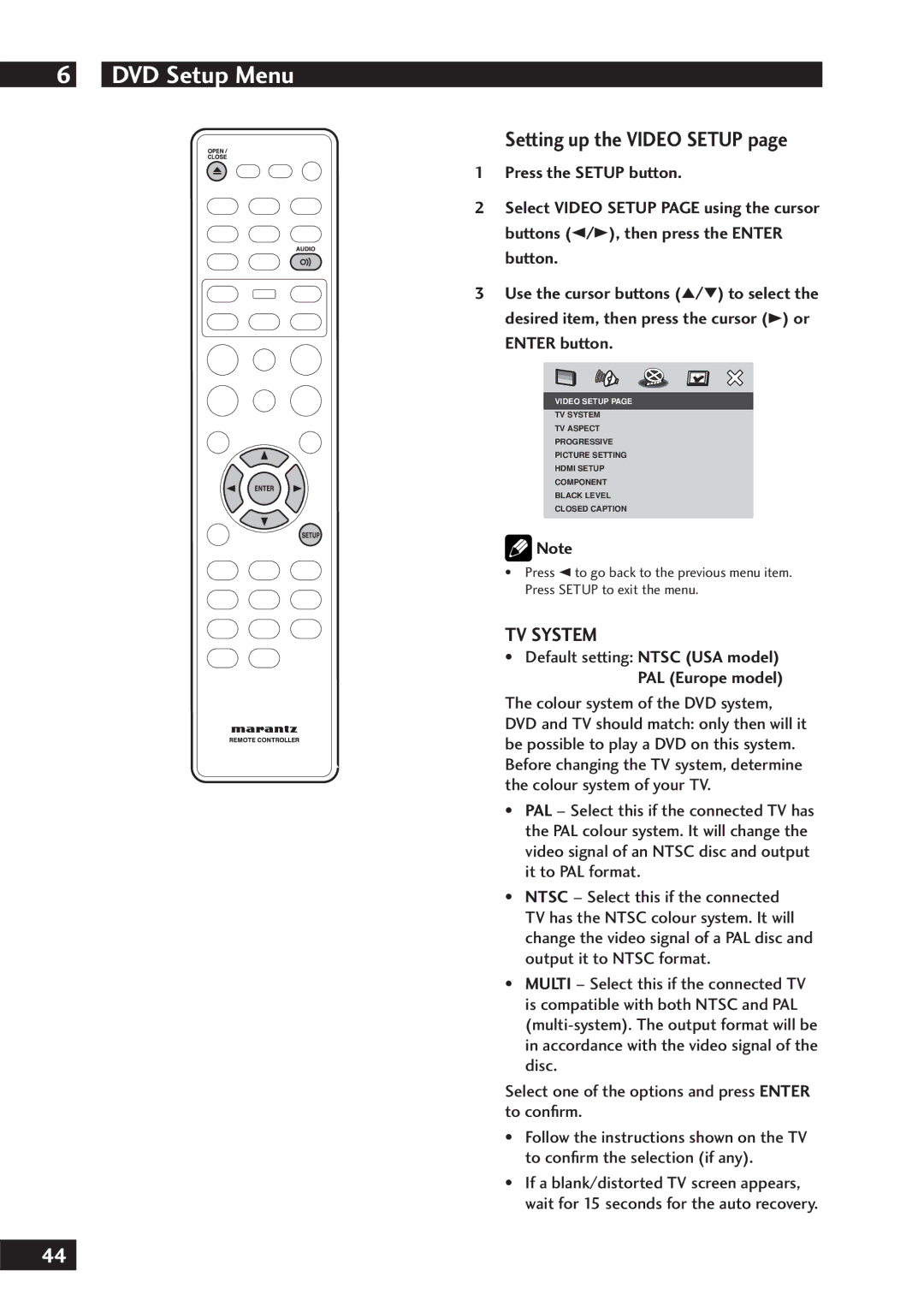 Marantz DV7001 manual Setting up the Video Setup, TV System, Default setting Ntsc USA model, PAL Europe model 