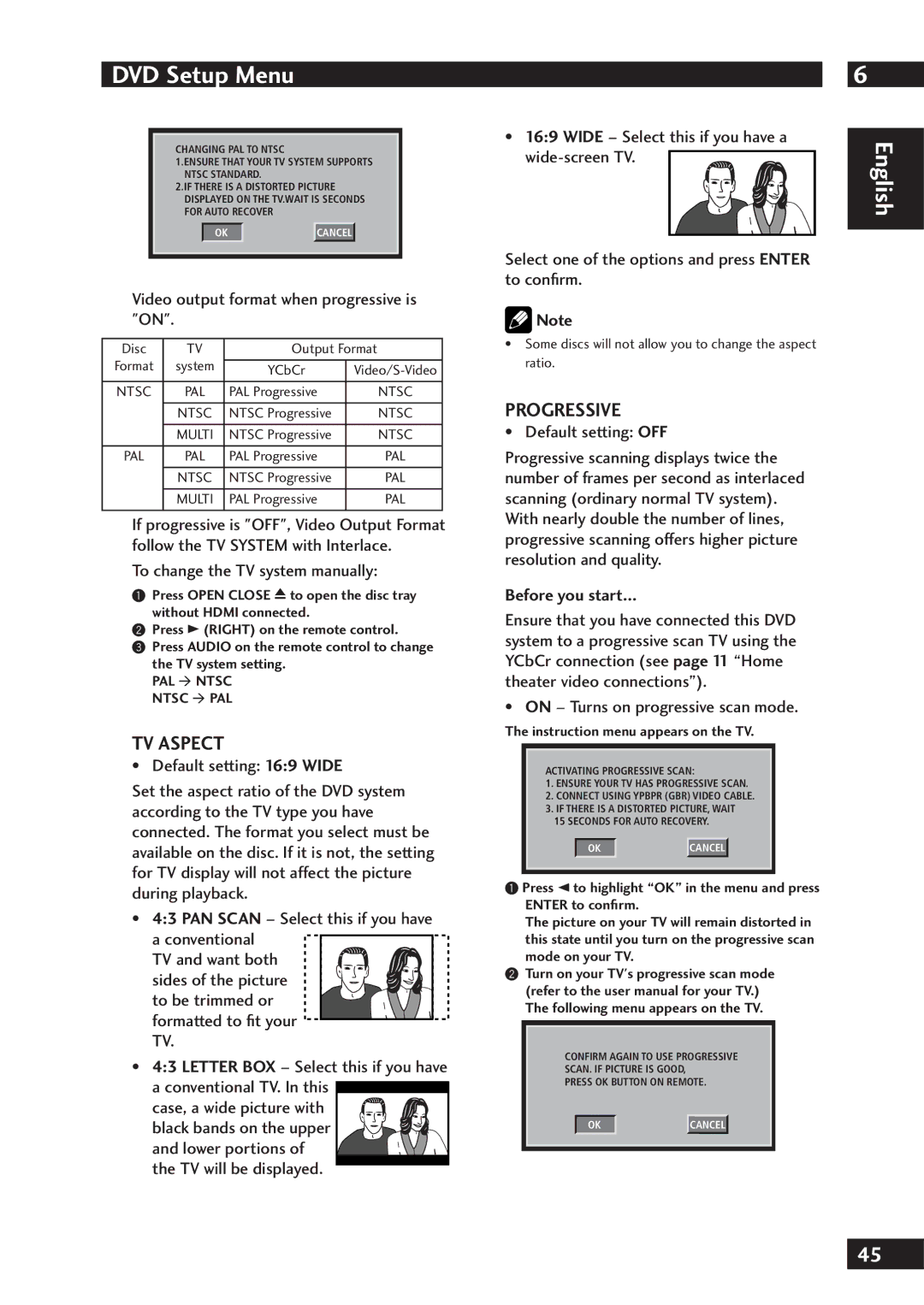 Marantz DV7001 TV Aspect, Progressive, Video output format when progressive is on, To change the TV system manually 