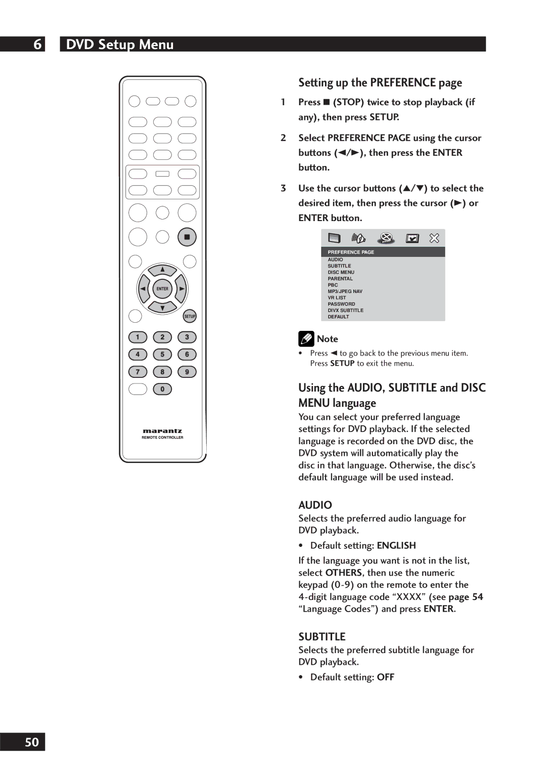 Marantz DV7001 manual Setting up the Preference, Using the AUDIO, Subtitle and Disc Menu language, Audio 