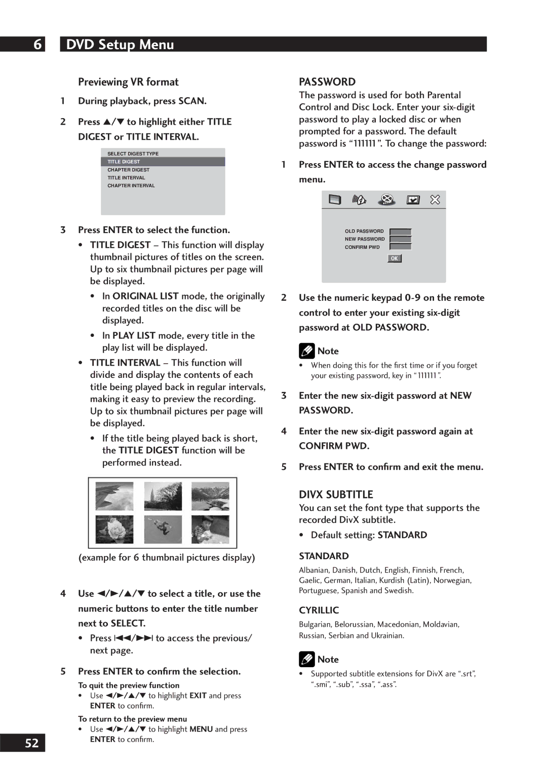 Marantz DV7001 manual Previewing VR format, Password, Divx Subtitle 