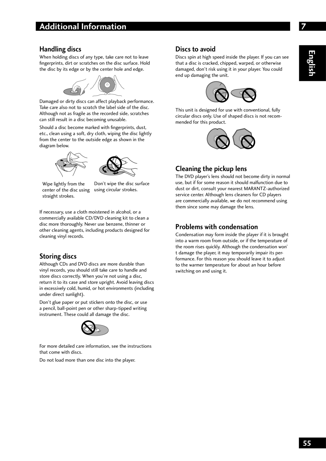 Marantz DV7001 manual Handling discs, Storing discs, Discs to avoid, Cleaning the pickup lens, Problems with condensation 