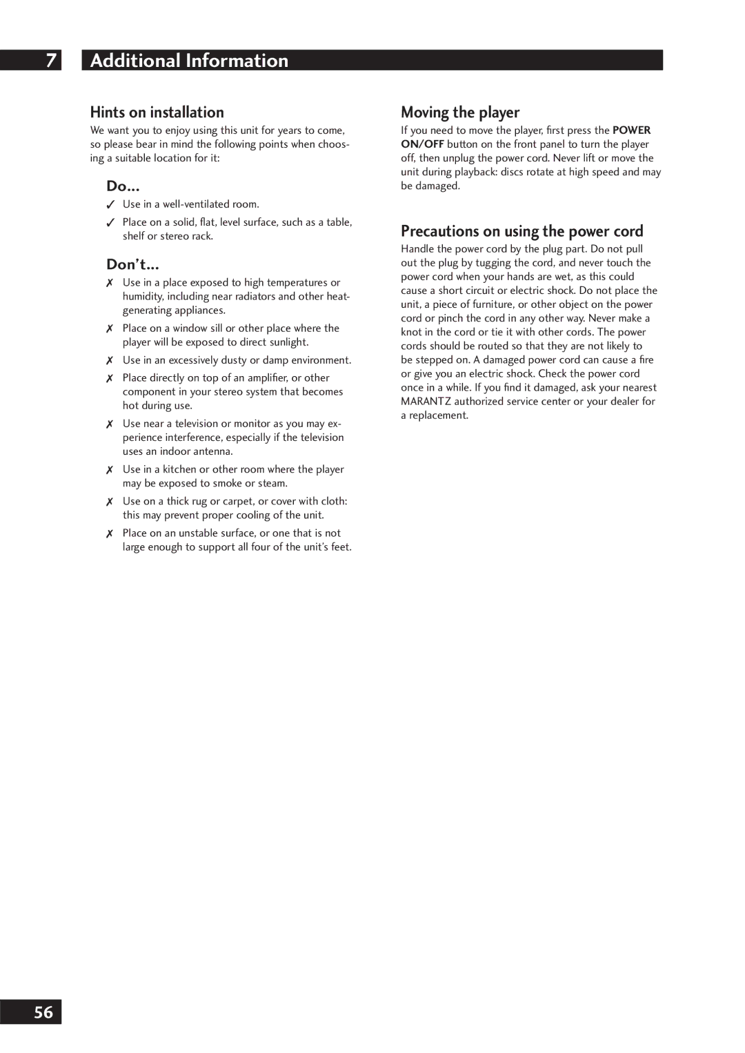 Marantz DV7001 manual Hints on installation, Moving the player, Precautions on using the power cord, Don’t 