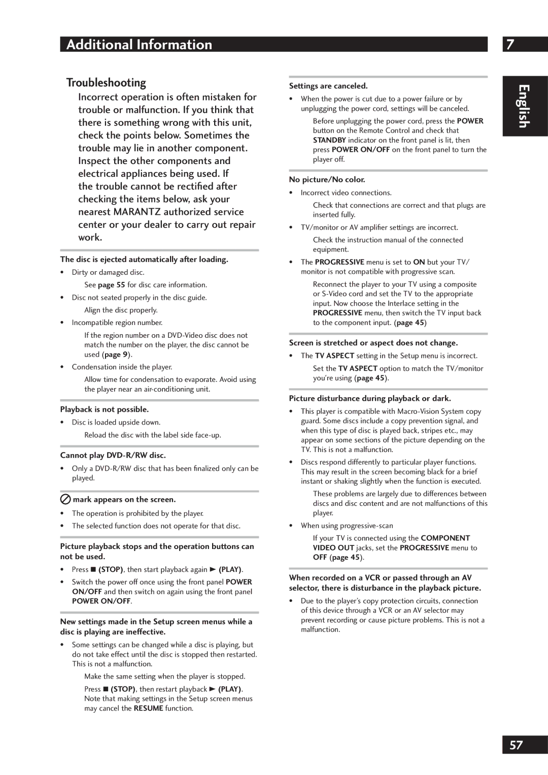 Marantz DV7001 manual Troubleshooting 