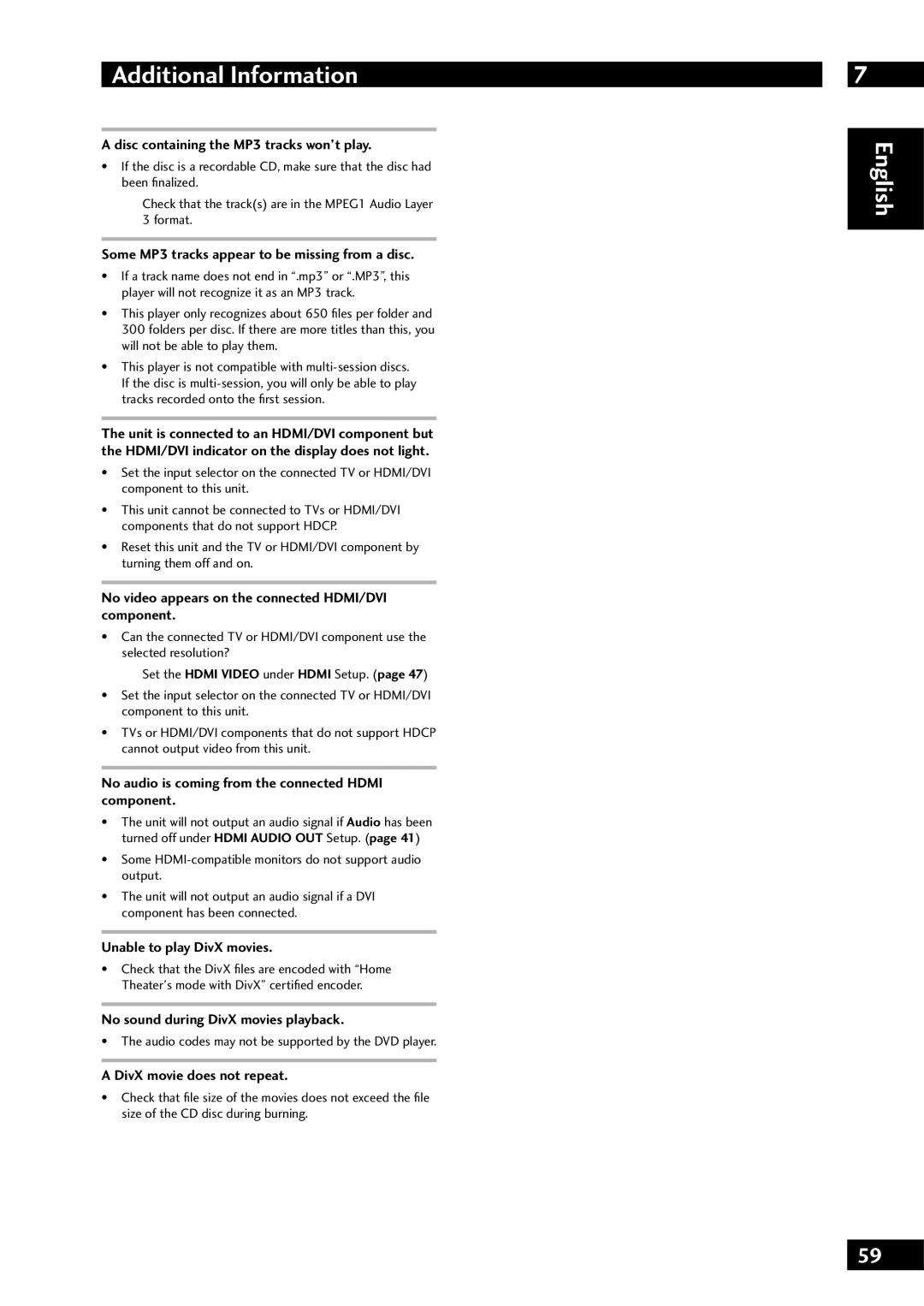 Marantz DV7001 manual Disc containing the MP3 tracks won’t play, Some MP3 tracks appear to be missing from a disc 