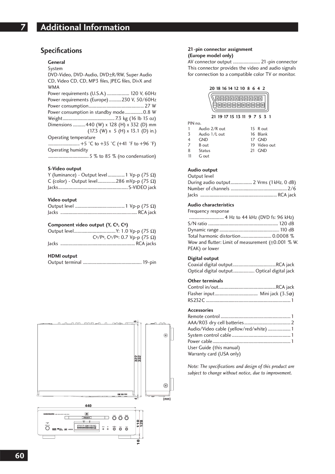 Marantz DV7001 manual Speciﬁcations 