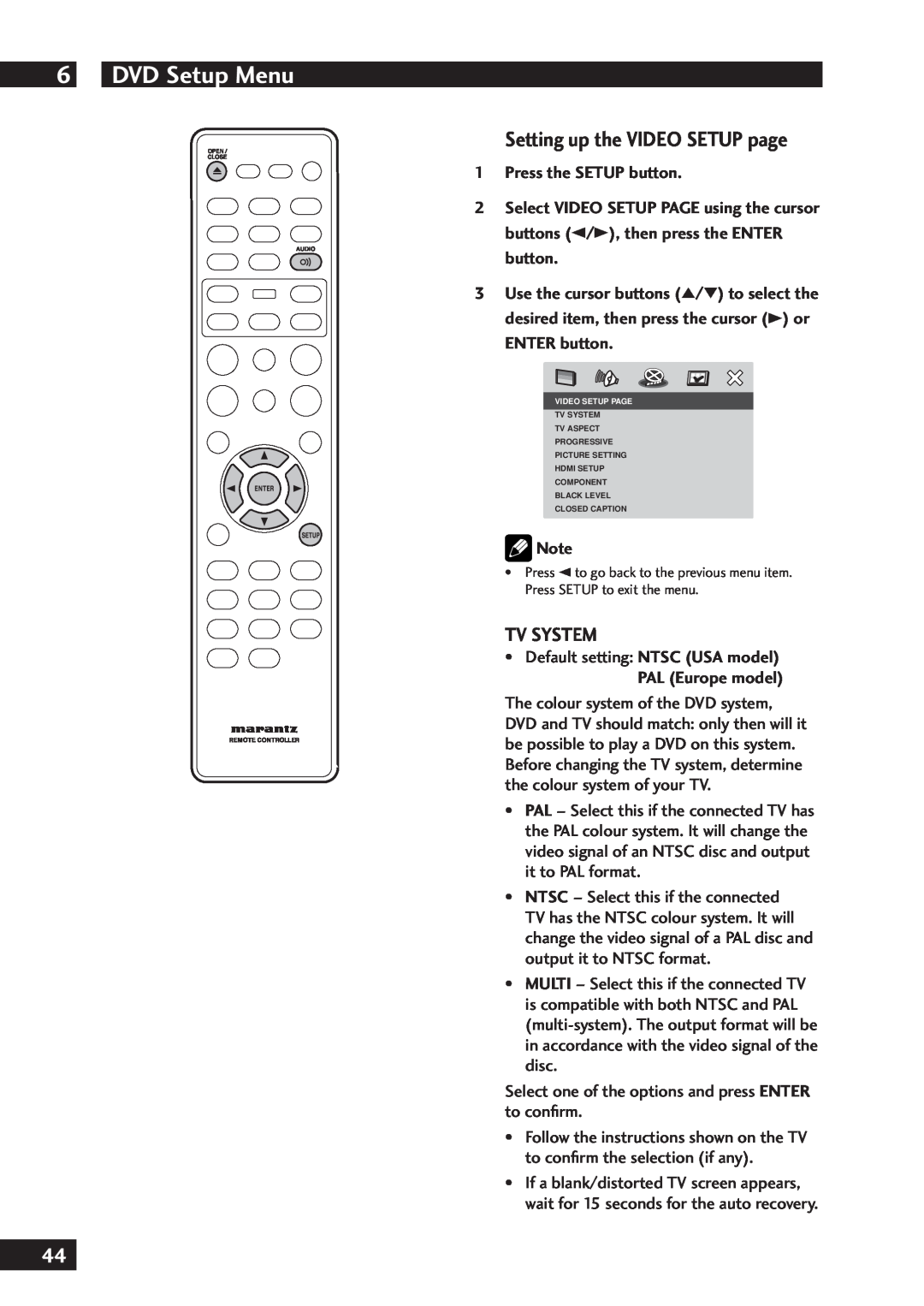 Marantz DV7001 manual Setting up the VIDEO SETUP page, Tv System, PAL Europe model, DVD Setup Menu, 1Press the SETUP button 