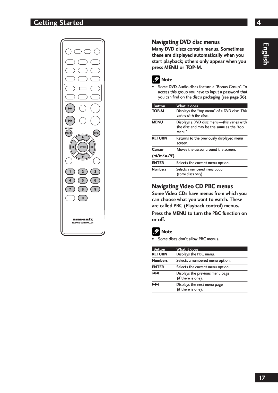 Marantz DV7001 manual Getting Started, Navigating DVD disc menus, Navigating Video CD PBC menus, English 