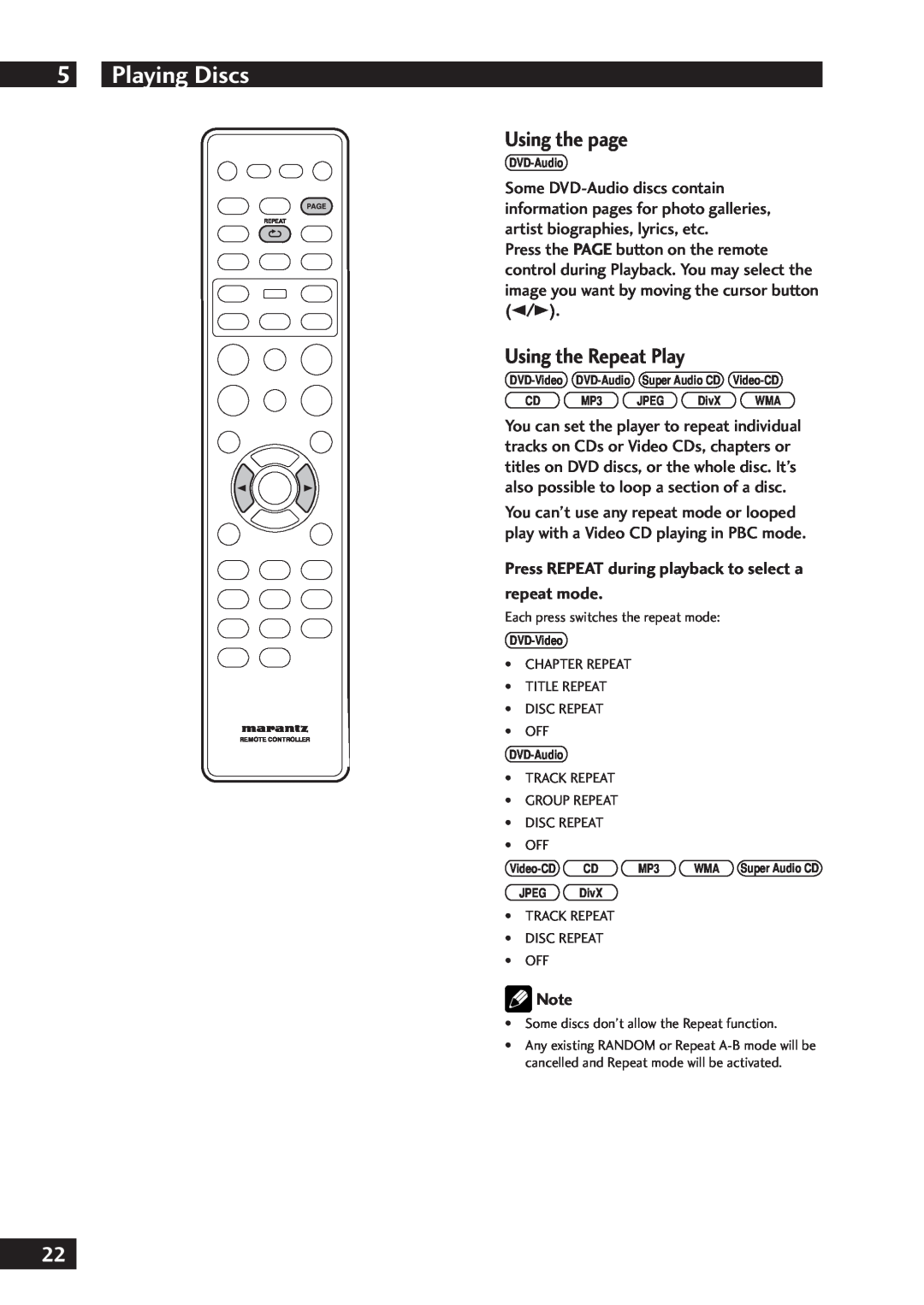 Marantz DV7001 Using the page, Using the Repeat Play, Press REPEAT during playback to select a, repeat mode, Playing Discs 