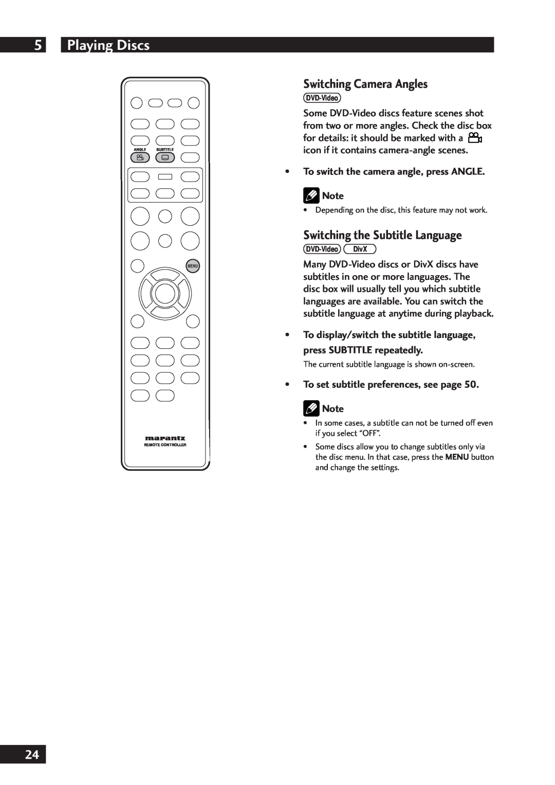 Marantz DV7001 manual Switching Camera Angles, Switching the Subtitle Language, To switch the camera angle, press ANGLE 