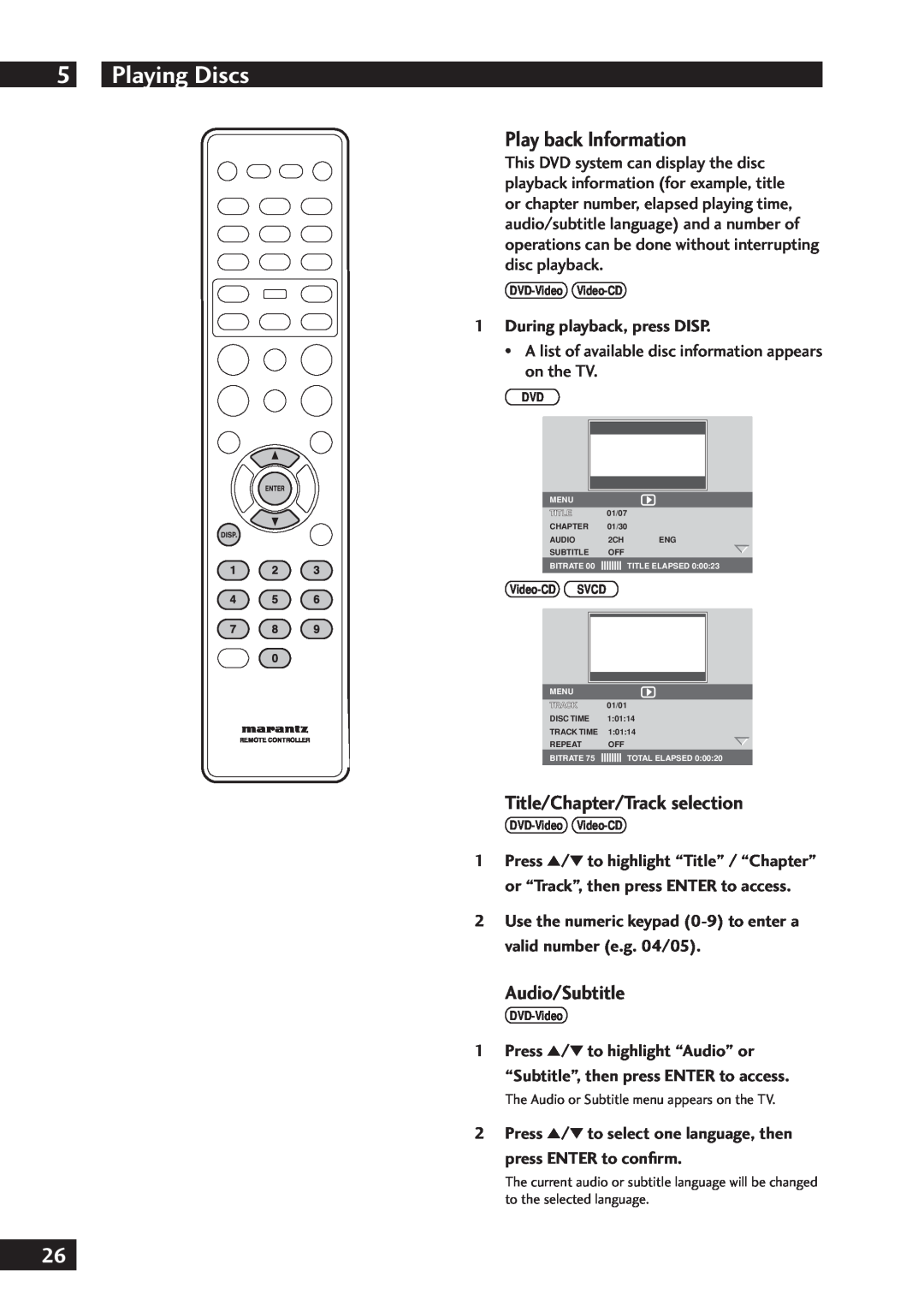 Marantz DV7001 manual Play back Information, Title/Chapter/Track selection, Audio/Subtitle, During playback, press DISP 