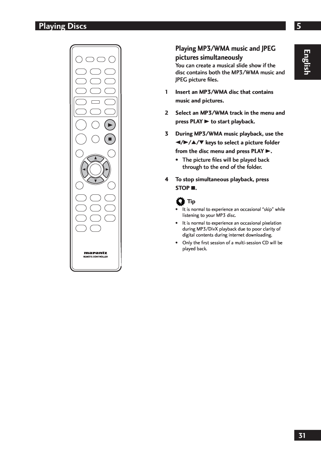 Marantz DV7001 manual To stop simultaneous playback, press STOP Tip, Playing Discs, English 