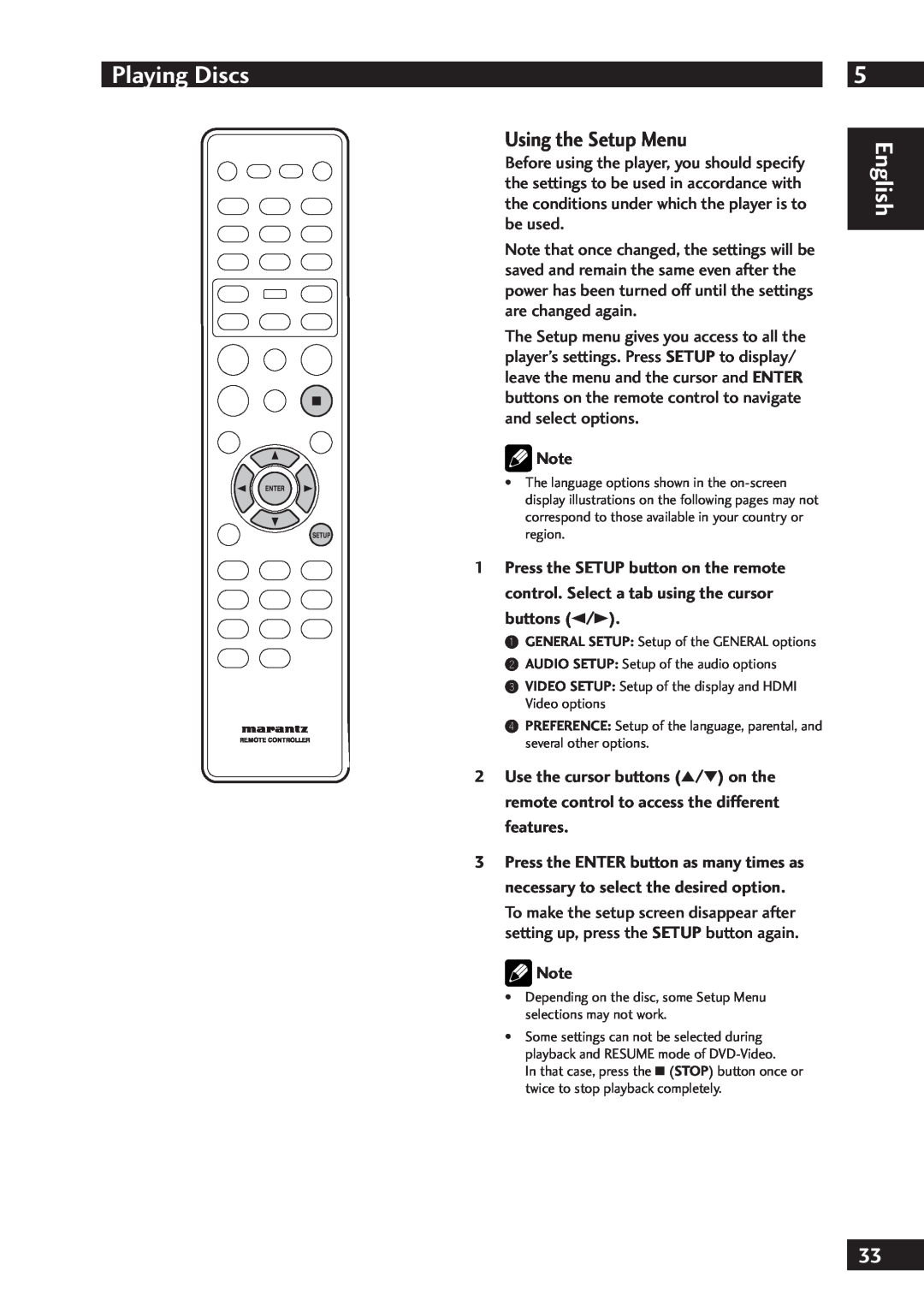 Marantz DV7001 manual Using the Setup Menu, Playing Discs, English 