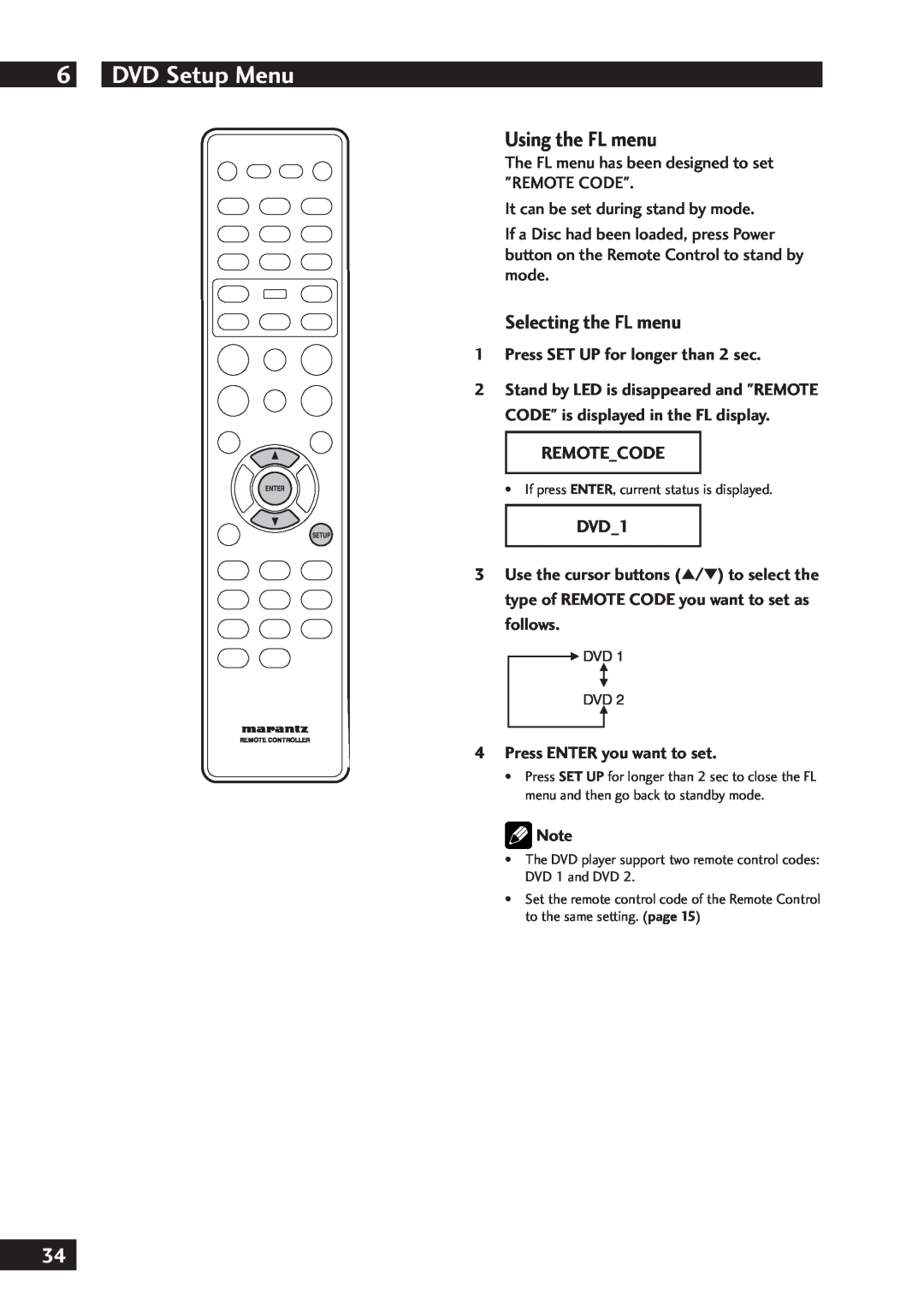 Marantz DV7001 DVD Setup Menu, Using the FL menu, Selecting the FL menu, 1Press SET UP for longer than 2 sec, Remote Code 