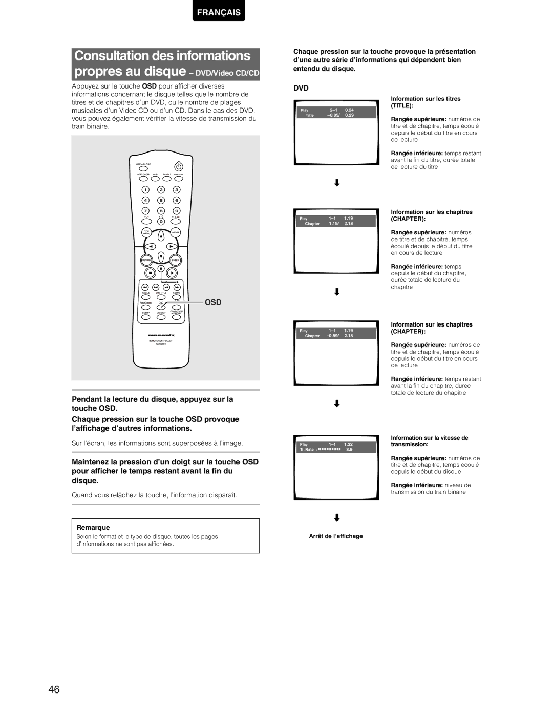 Marantz DV7110 manual Sur l’écran, les informations sont superposées à l’image, Information sur la vitesse de, Transmission 