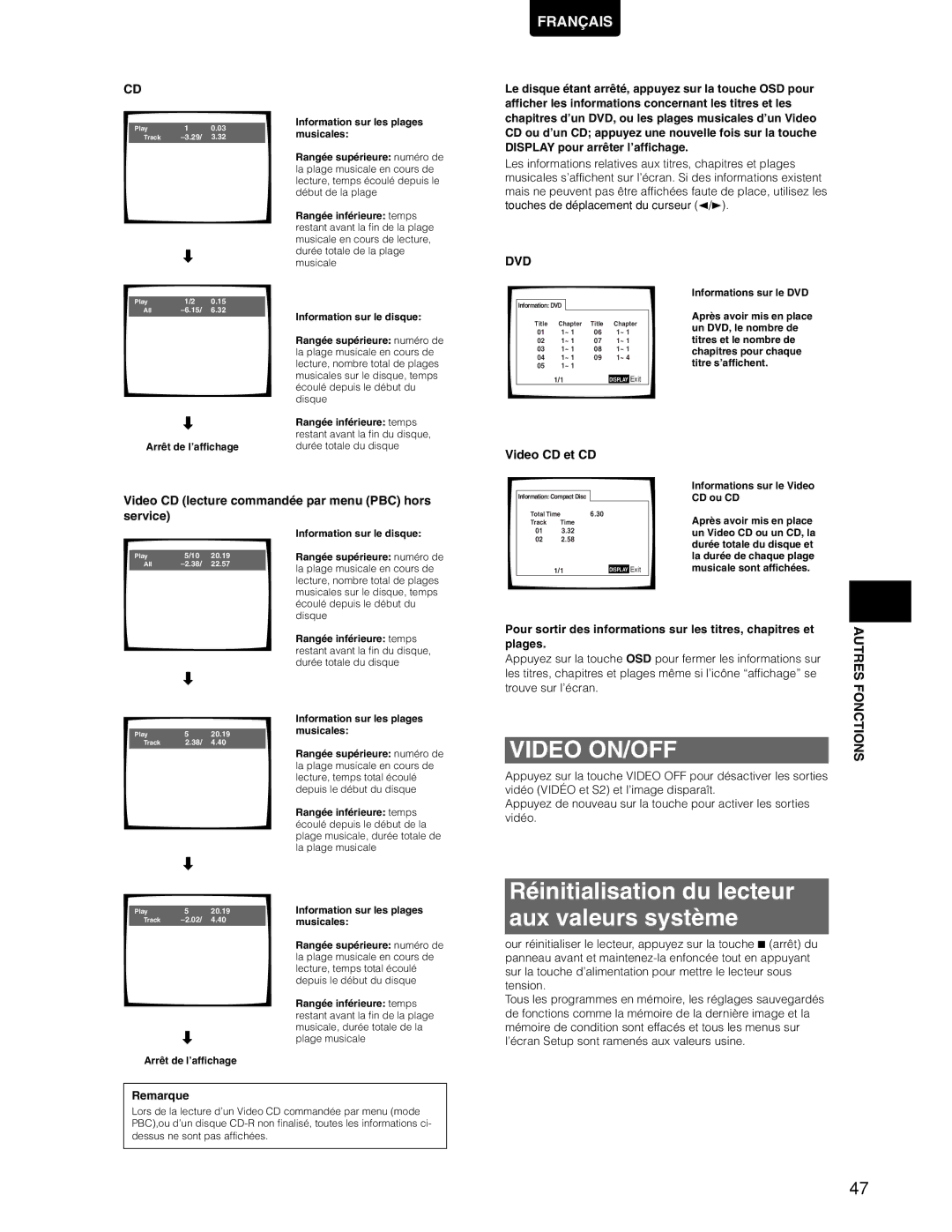 Marantz DV7110 manual Réinitialisation du lecteur Aux valeurs système, Video CD lecture commandée par menu PBC hors service 