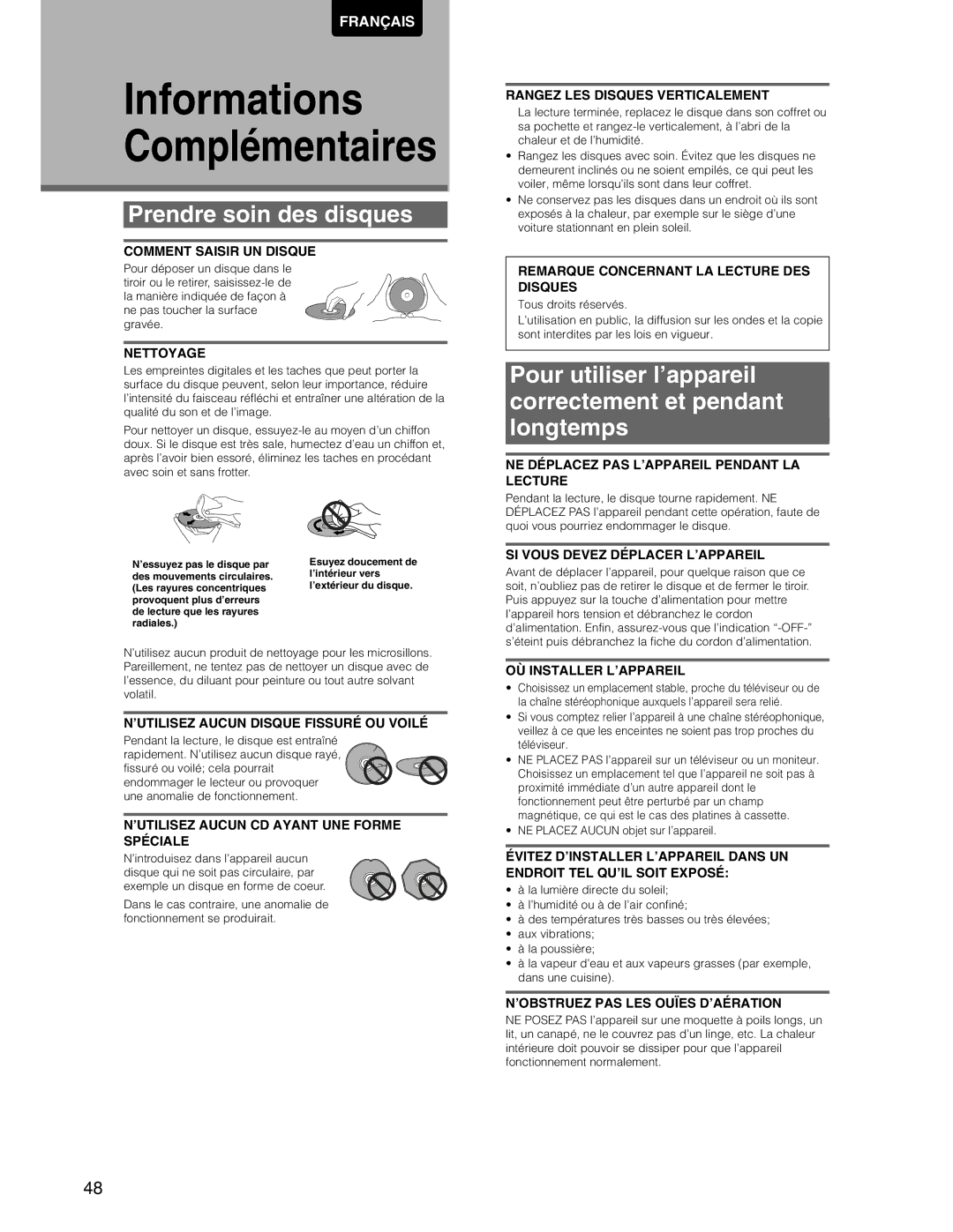 Marantz DV7110 manual Prendre soin des disques, Pour utiliser l’appareil correctement et pendant longtemps 