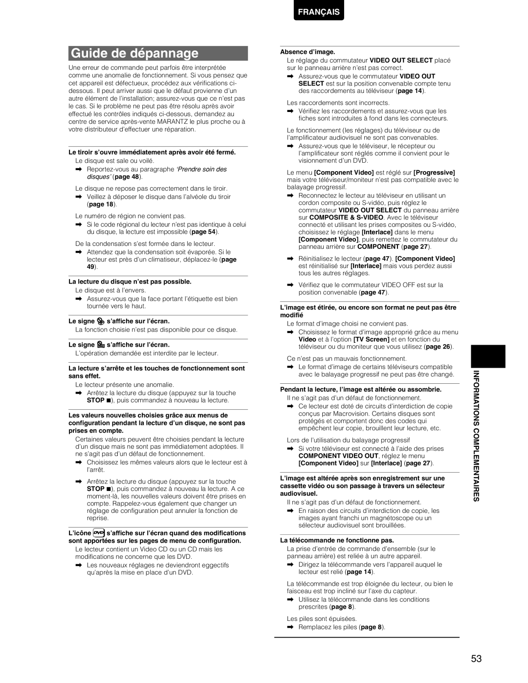 Marantz DV7110 manual Guide de dépannage 