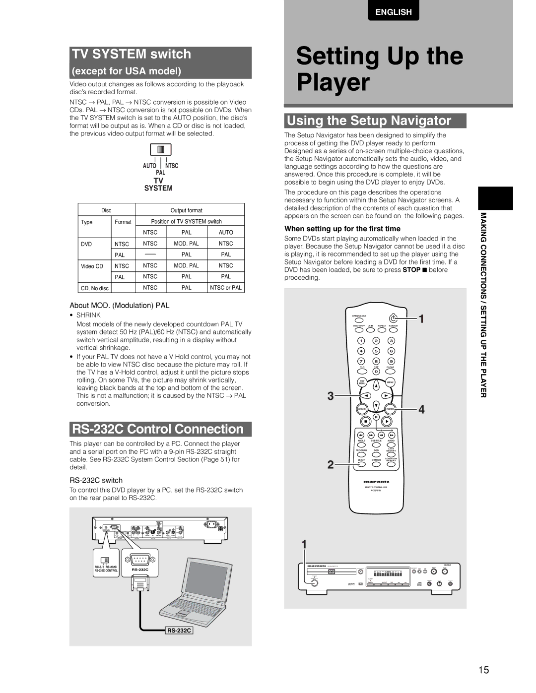 Marantz DV7110 manual Setting Up the Player, TV System switch, RS-232C Control Connection, Using the Setup Navigator 