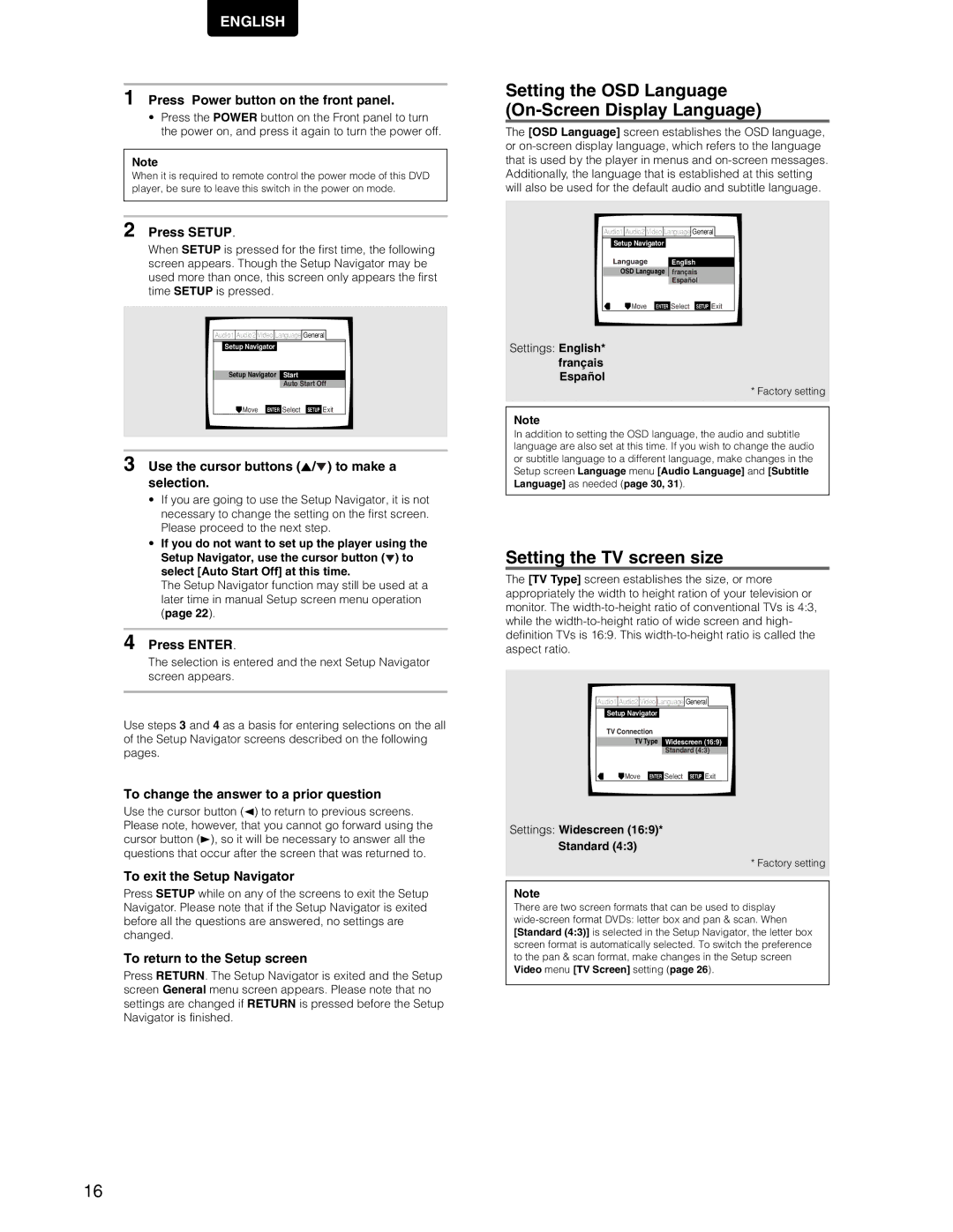 Marantz DV7110 manual Setting the OSD Language On-Screen Display Language, Setting the TV screen size 