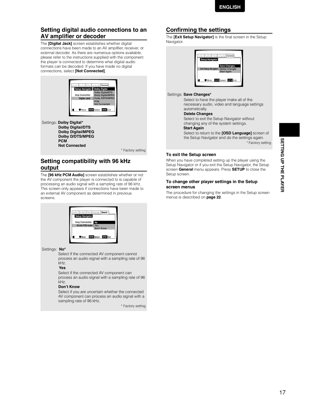 Marantz DV7110 manual Setting compatibility with 96 kHz output, Confirming the settings, To exit the Setup screen 