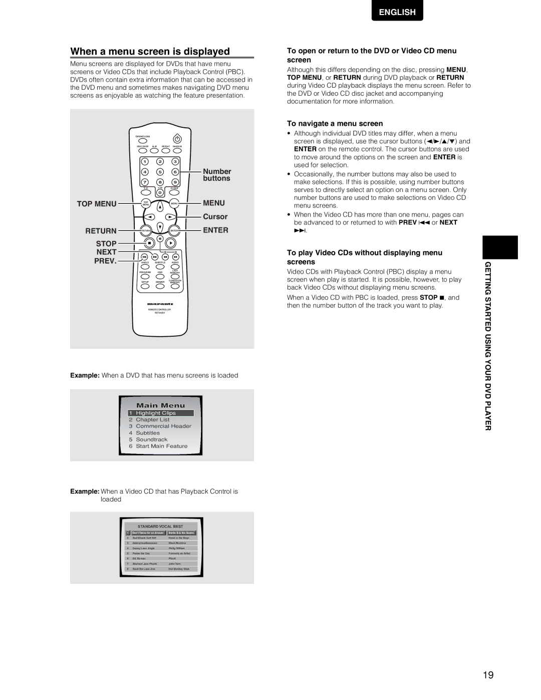 Marantz DV7110 manual When a menu screen is displayed 