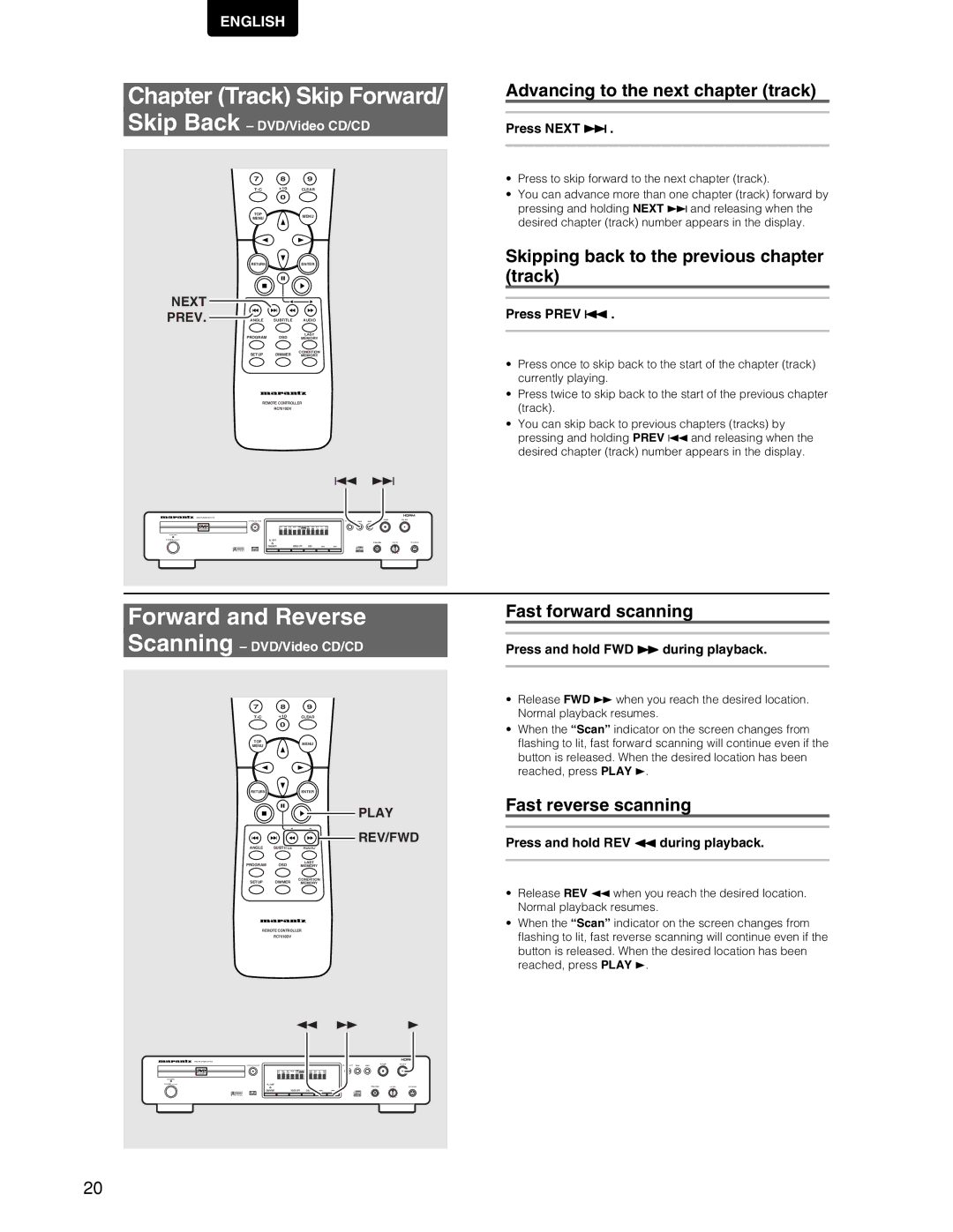 Marantz DV7110 manual Chapter Track Skip Forward, Forward and Reverse 