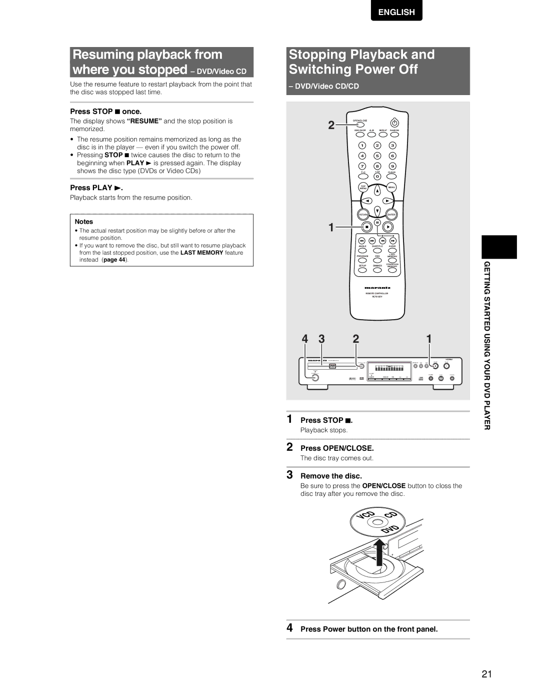 Marantz DV7110 manual Resuming playback from Where you stopped DVD/Video CD, Stopping Playback and Switching Power Off 