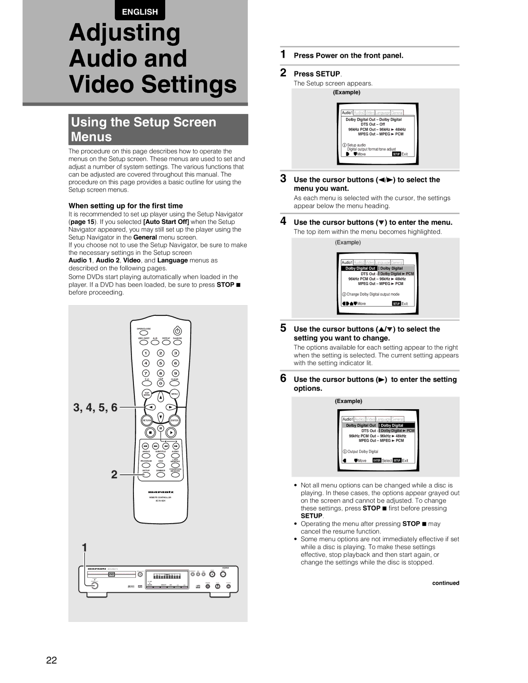 Marantz DV7110 manual Adjusting Audio Video Settings, Using the Setup Screen Menus 