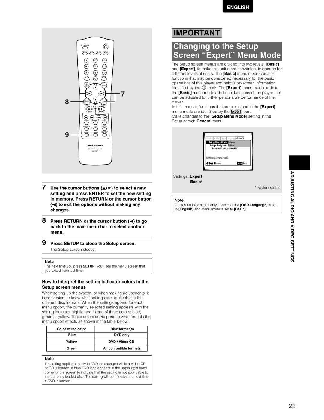 Marantz DV7110 manual Changing to the Setup Screen Expert Menu Mode, Setup screen closes, Color of indicator Disc formats 