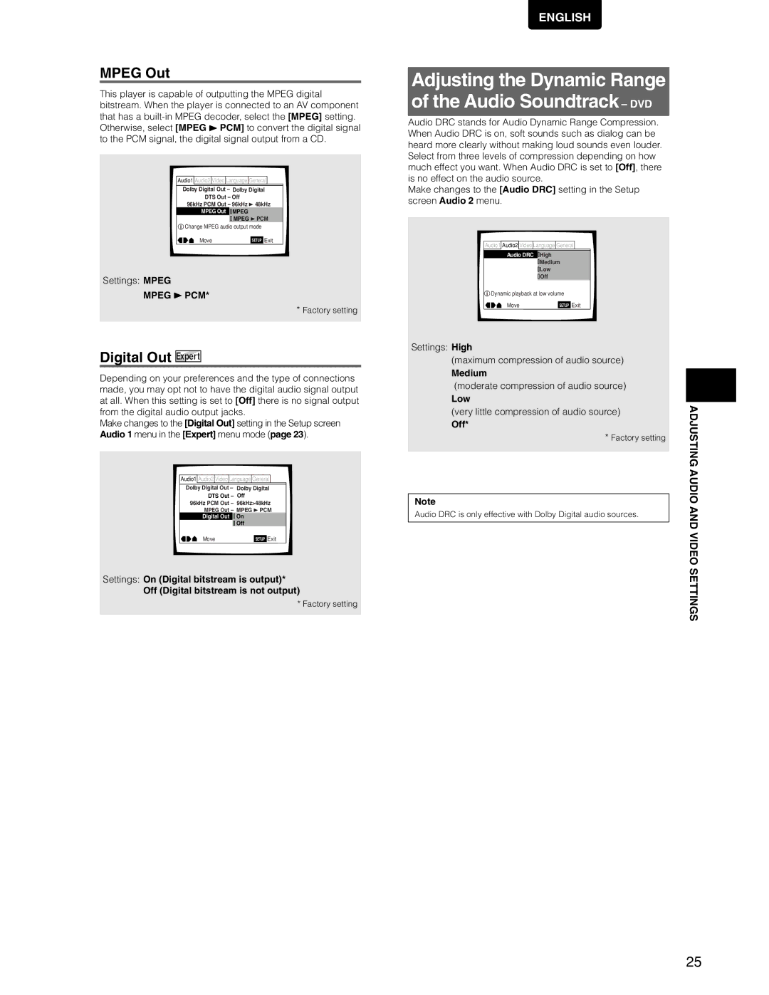 Marantz DV7110 manual Mpeg Out, Digital Out, Settings Mpeg, Off, Factory setting 