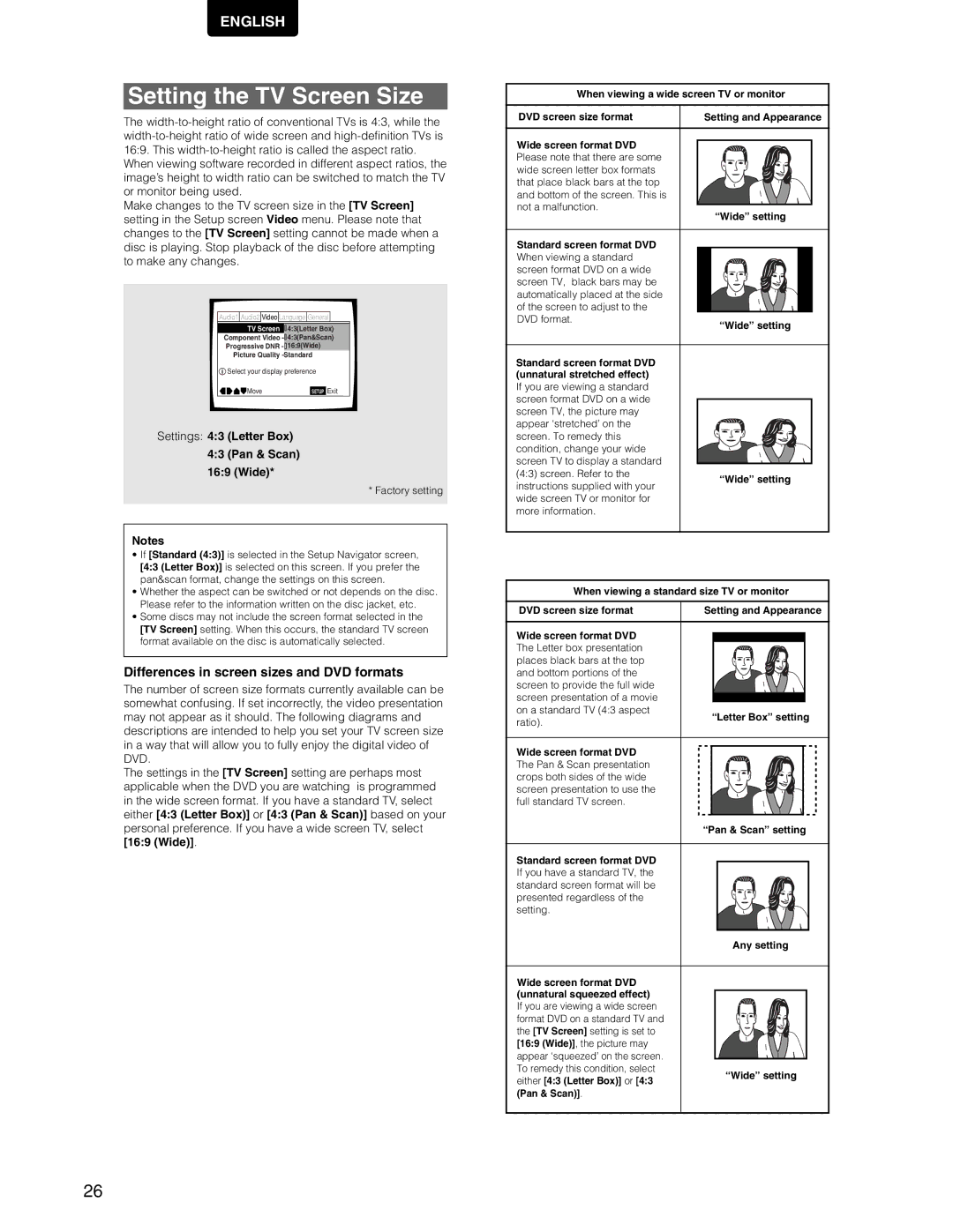 Marantz DV7110 manual Setting the TV Screen Size, Differences in screen sizes and DVD formats 