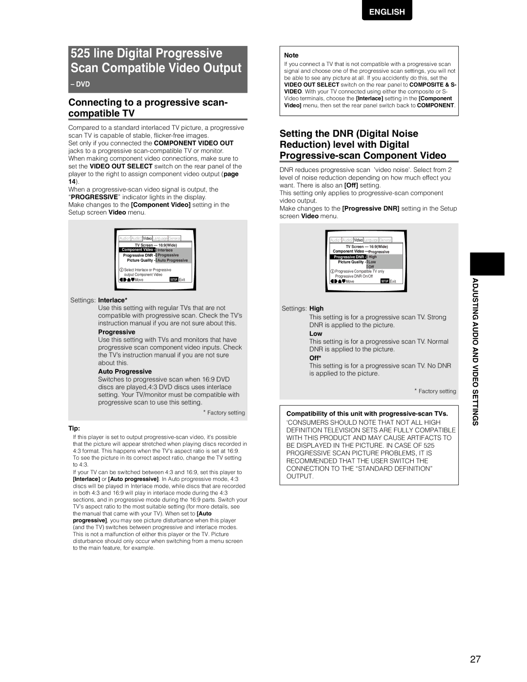 Marantz DV7110 manual Connecting to a progressive scan- compatible TV, Audio, Video, Settings 