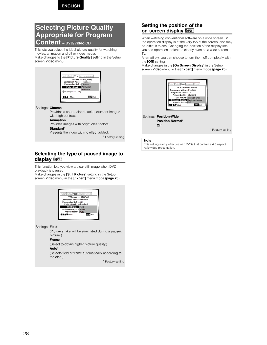 Marantz DV7110 manual Selecting Picture Quality Appropriate for Program, Selecting the type of paused image to display 