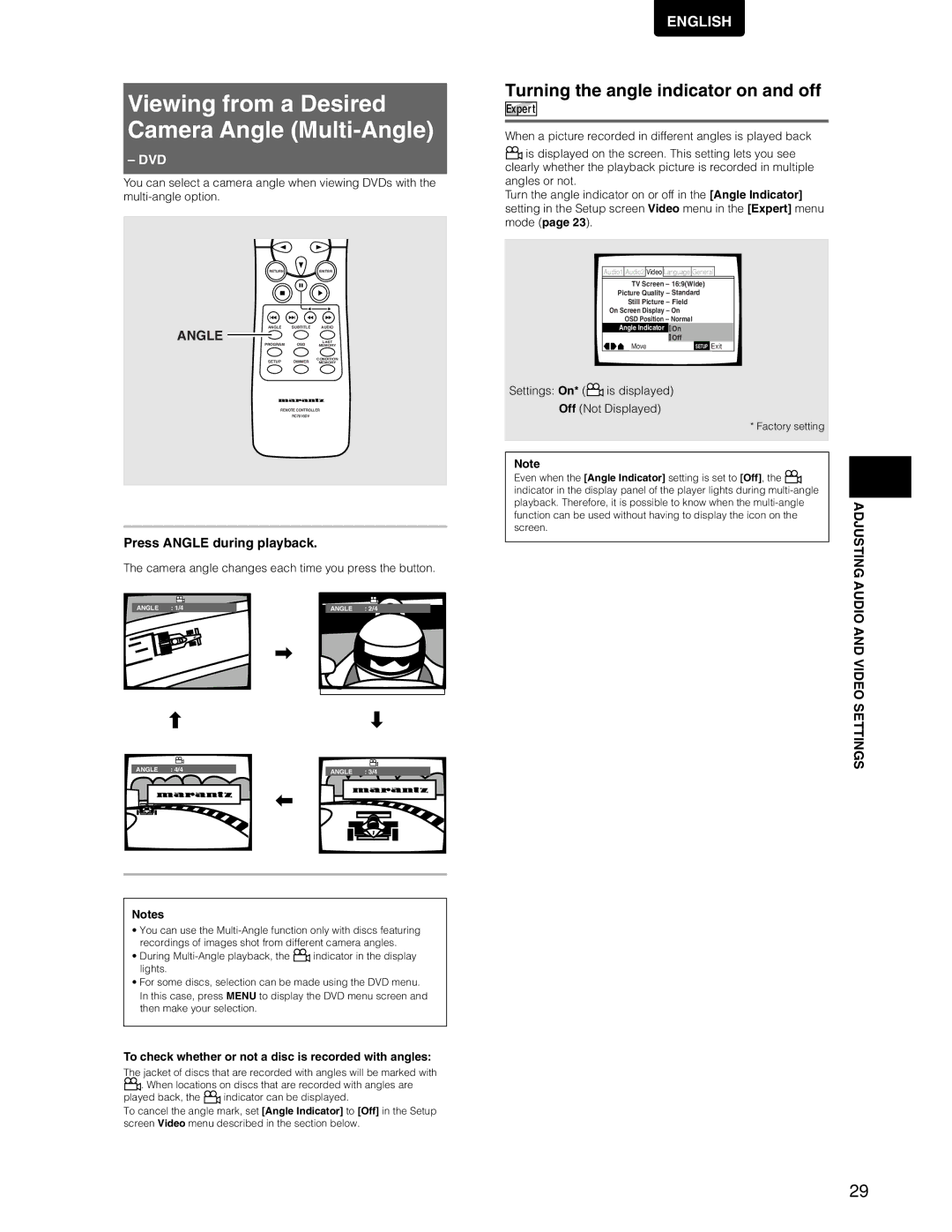 Marantz DV7110 manual Viewing from a Desired Camera Angle Multi-Angle, Turning the angle indicator on and off 