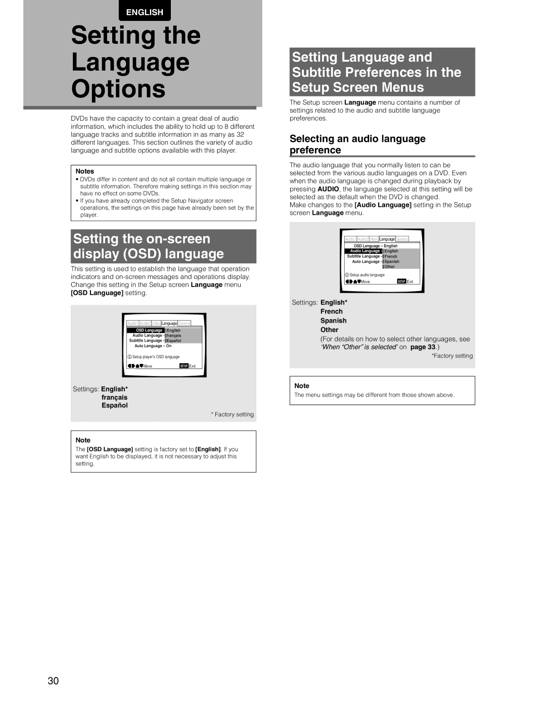 Marantz DV7110 manual Setting Language Options, Setting the on-screen display OSD language, French Spanish Other 