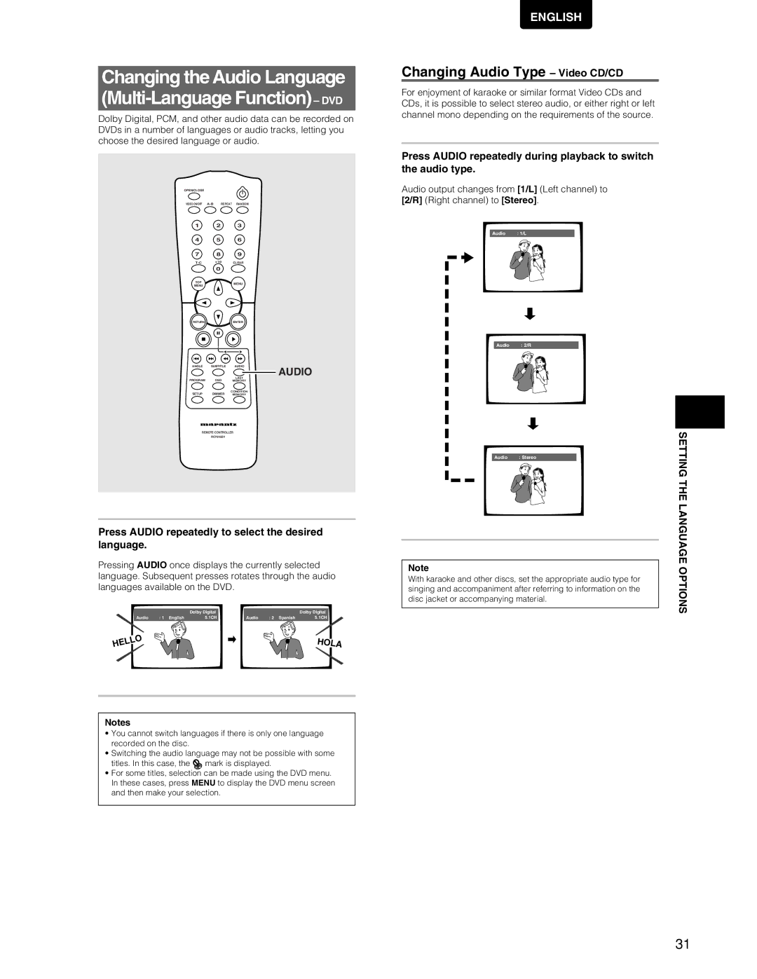 Marantz DV7110 manual Changing Audio Type Video CD/CD, Press Audio repeatedly to select the desired language 